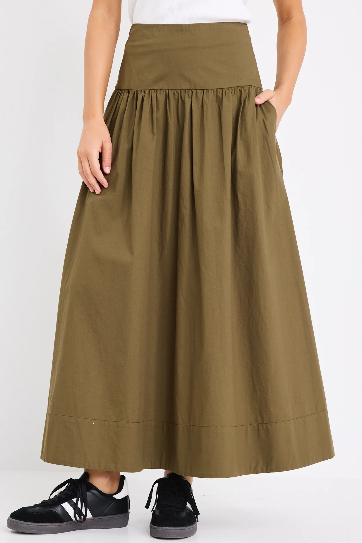Affinity Khaki Cotton Shirred Back Tiered Maxi Skirt - Image 2