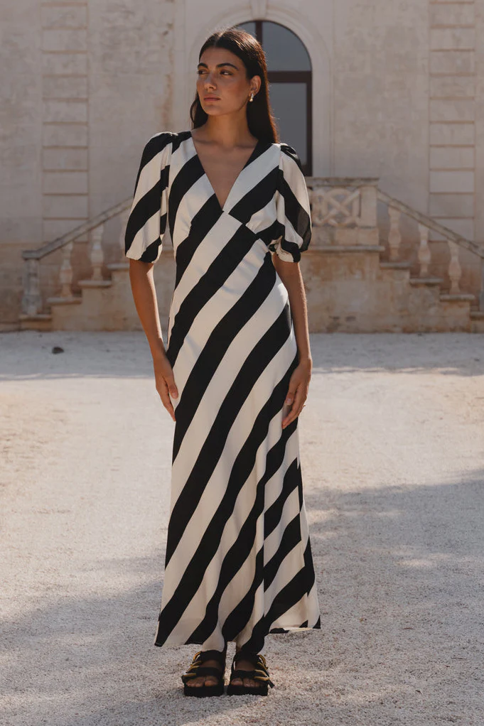 Amora Black White Stripe SS Bias Midi Dress