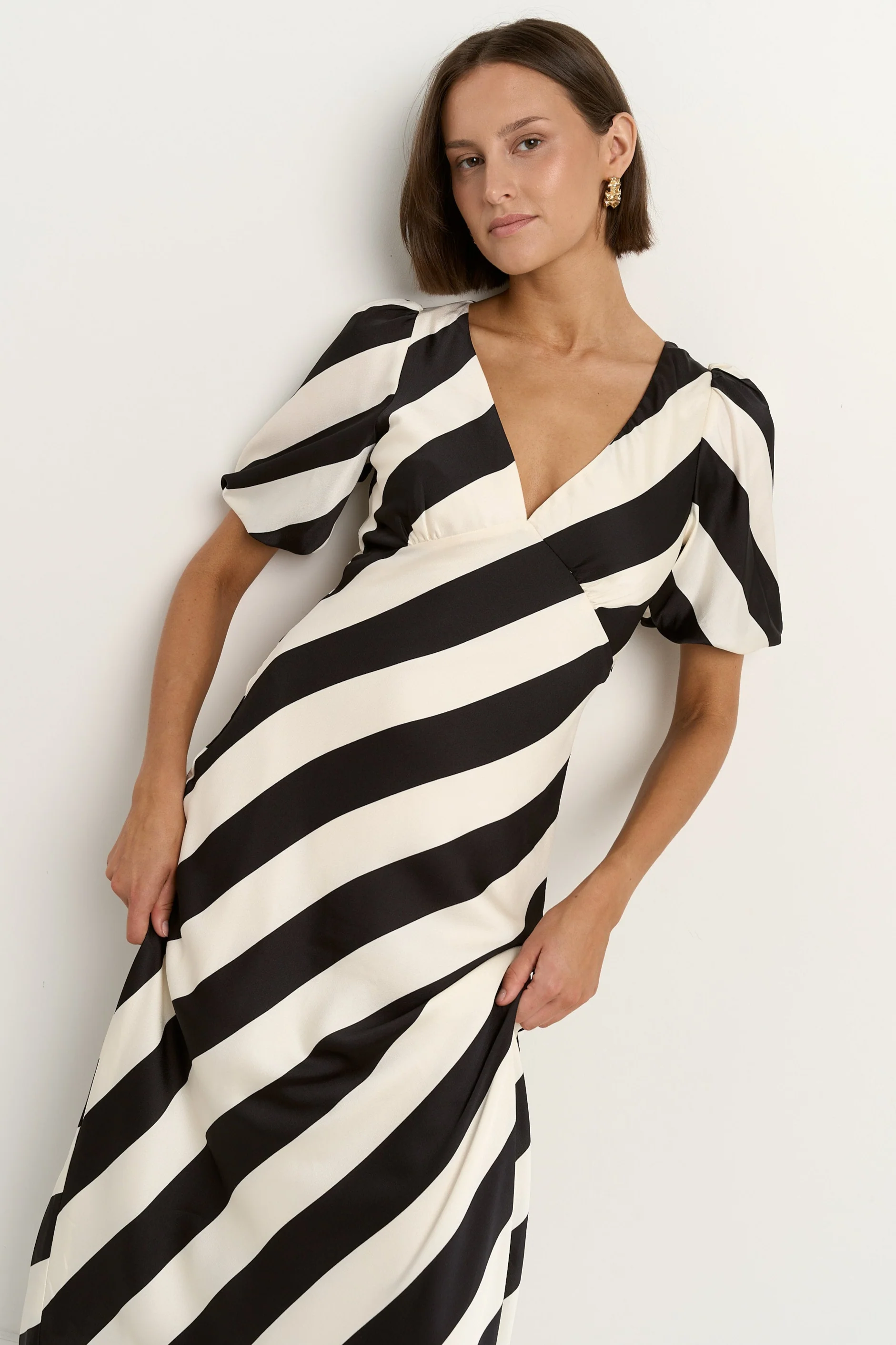 Amora Black White Stripe SS Bias Midi Dress - Image 2