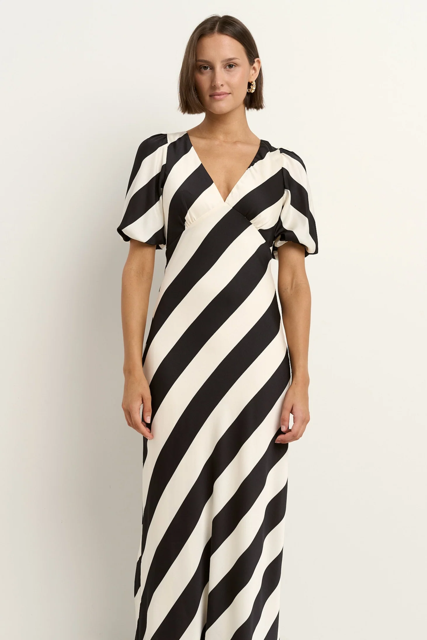 Amora Black White Stripe SS Bias Midi Dress - Image 5