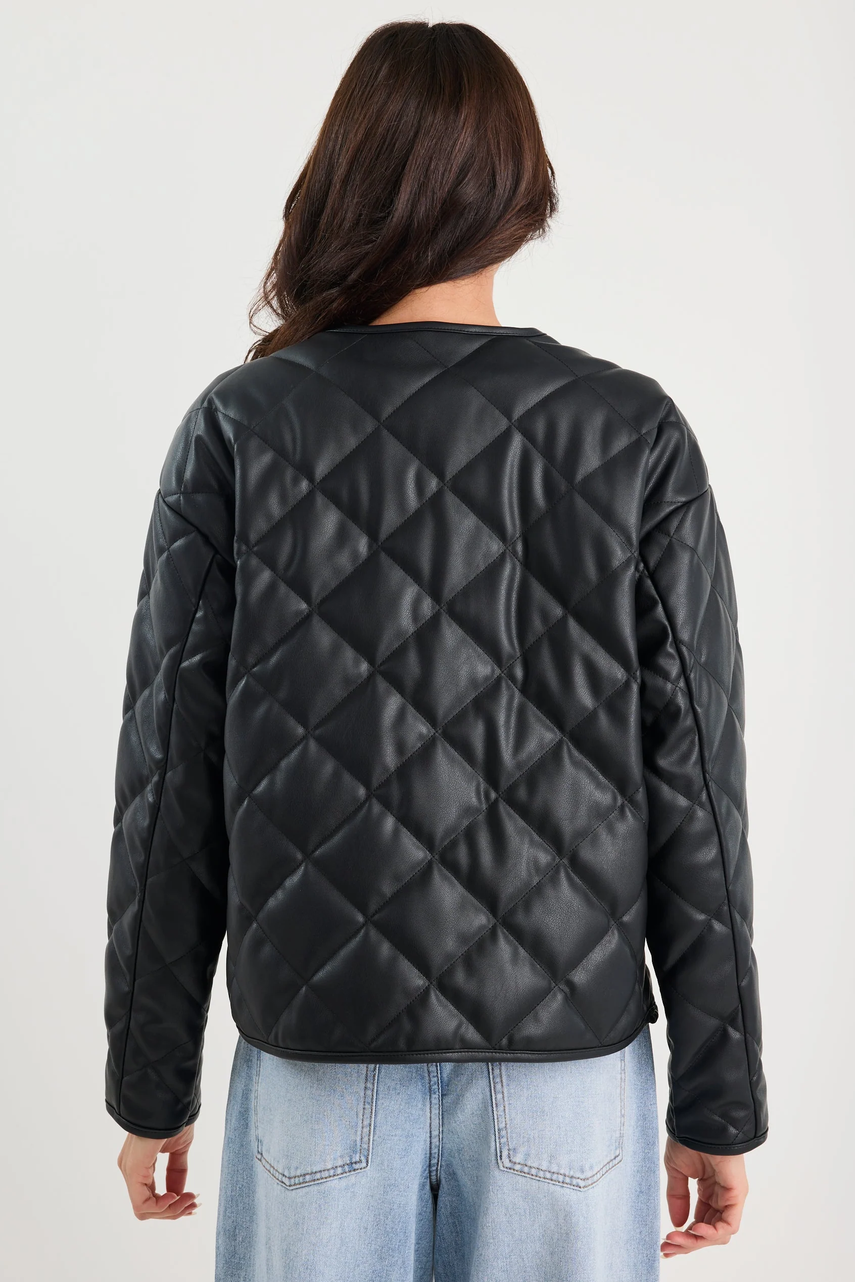Apex Black PU Leather Collarless Quilted Puffer Jacket - Image 5