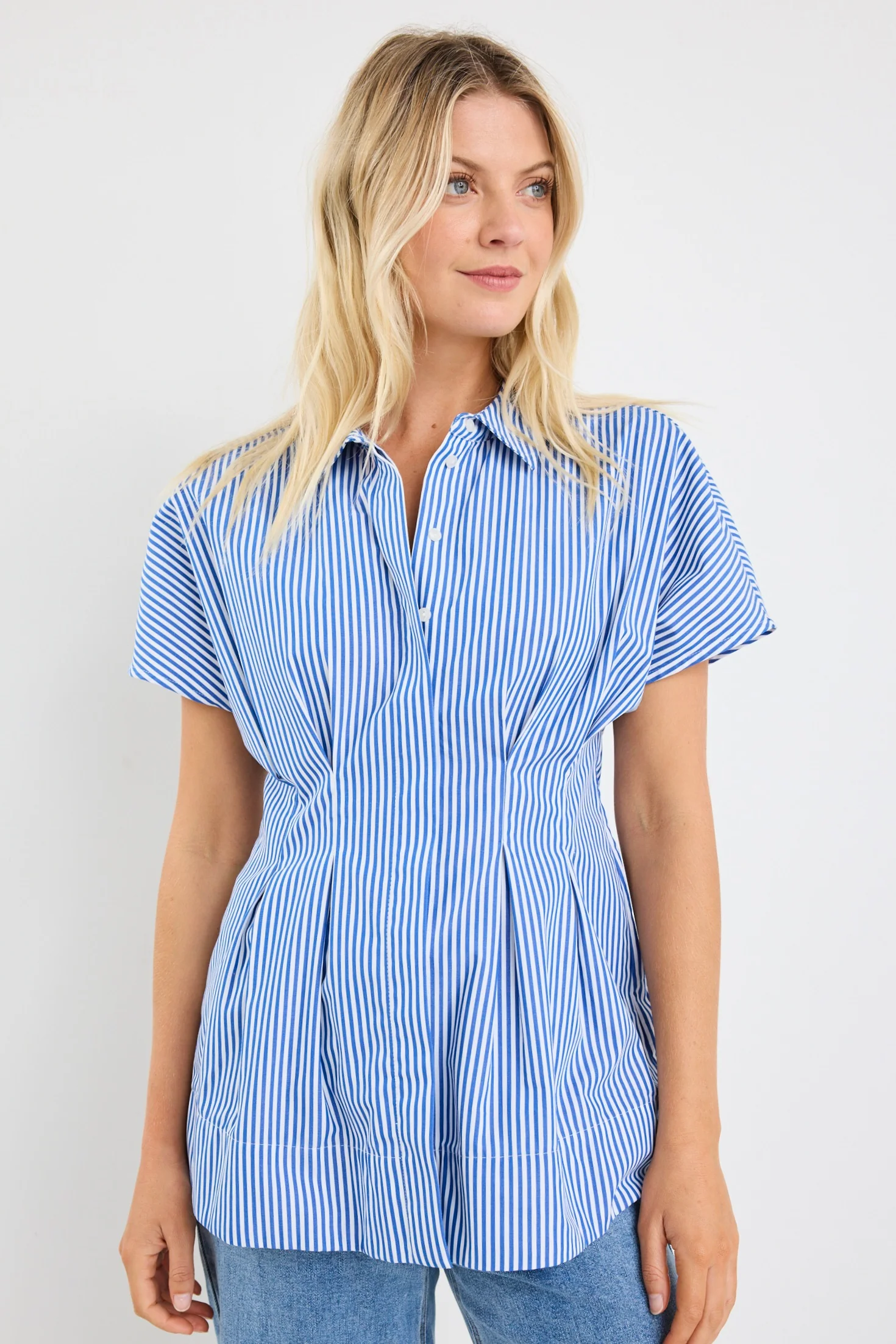Astute Bright Blue Stripe Short Sleeve Corset Detail Top