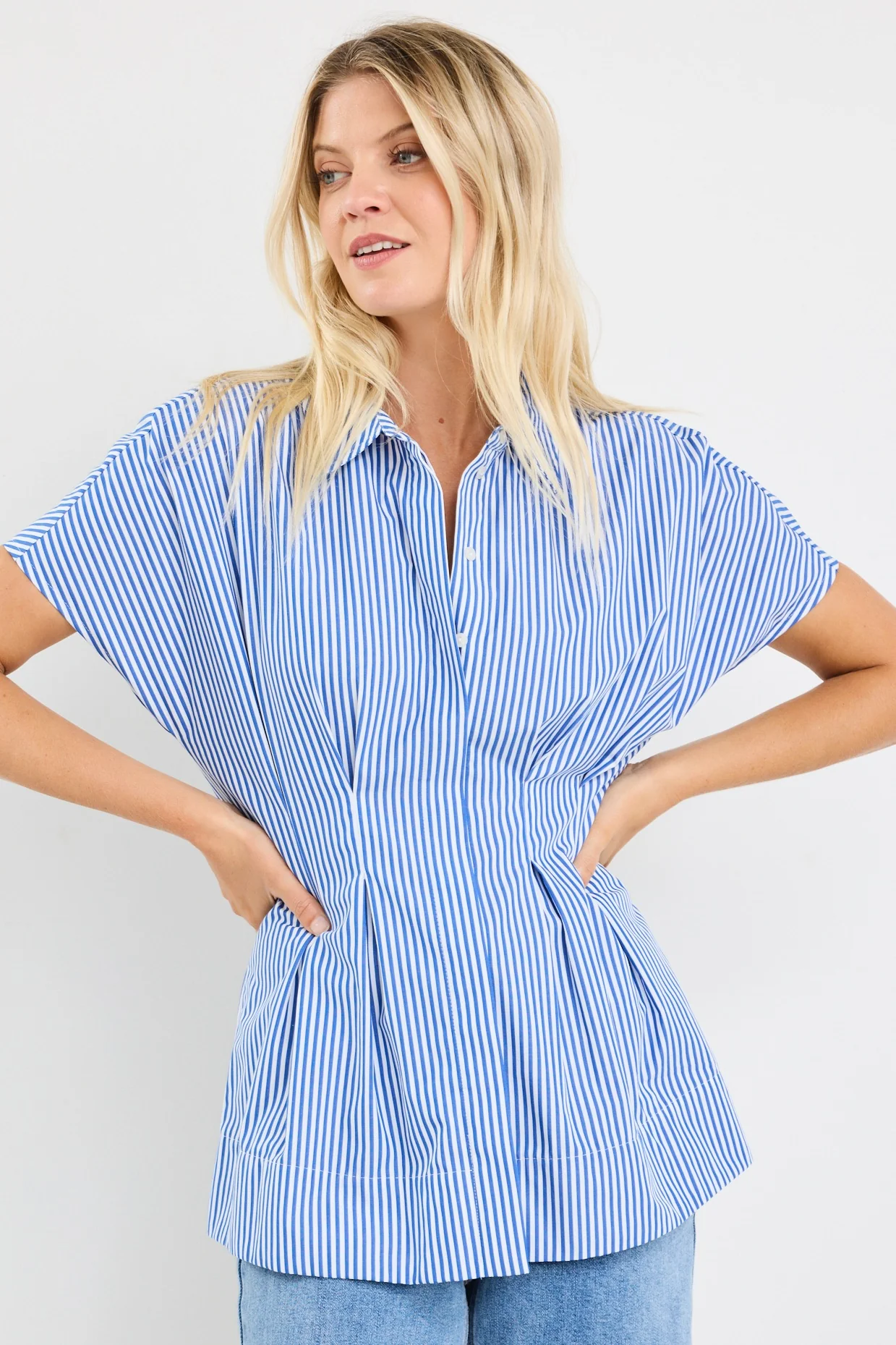 Astute Bright Blue Stripe Short Sleeve Corset Detail Top - Image 2