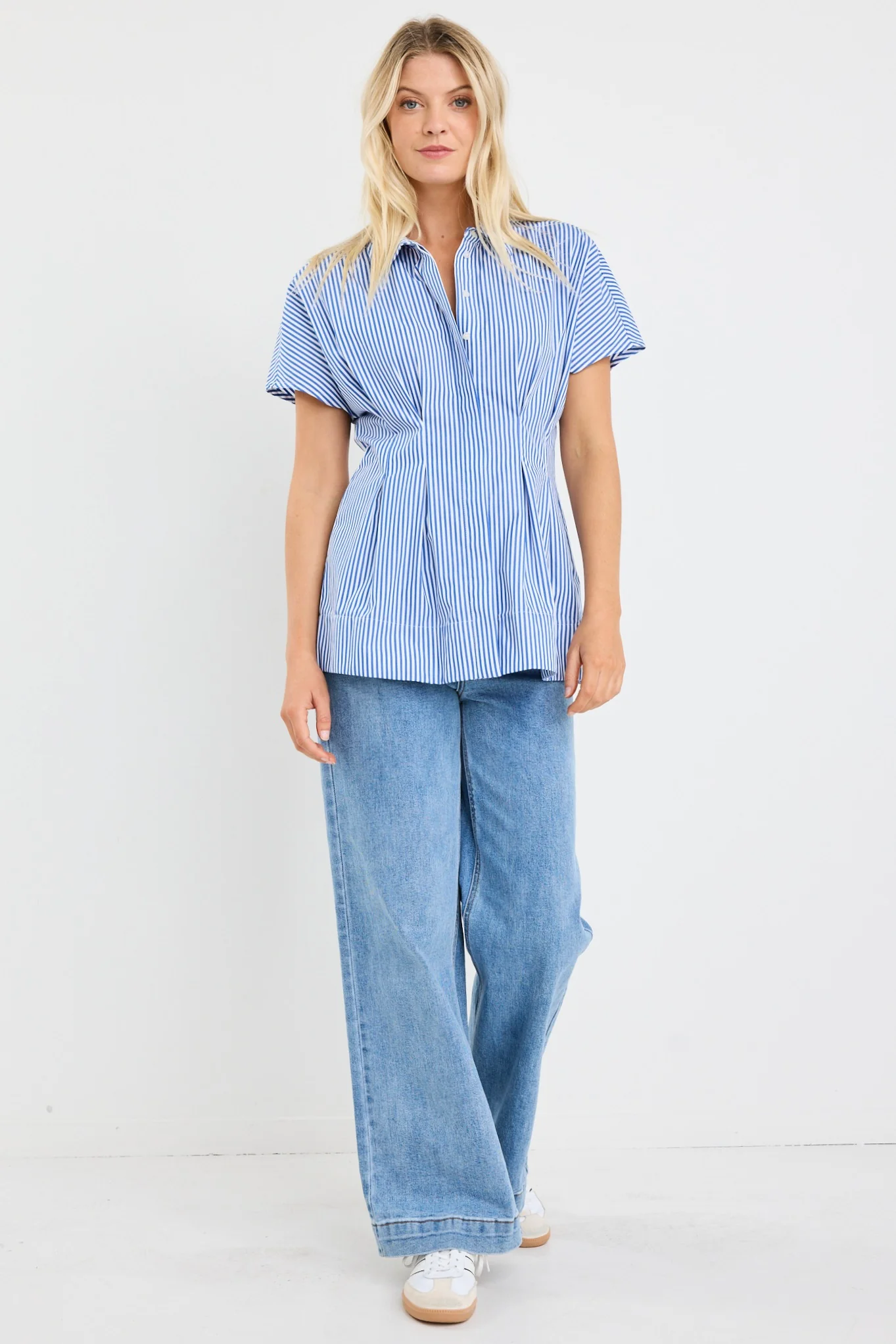Astute Bright Blue Stripe Short Sleeve Corset Detail Top - Image 3