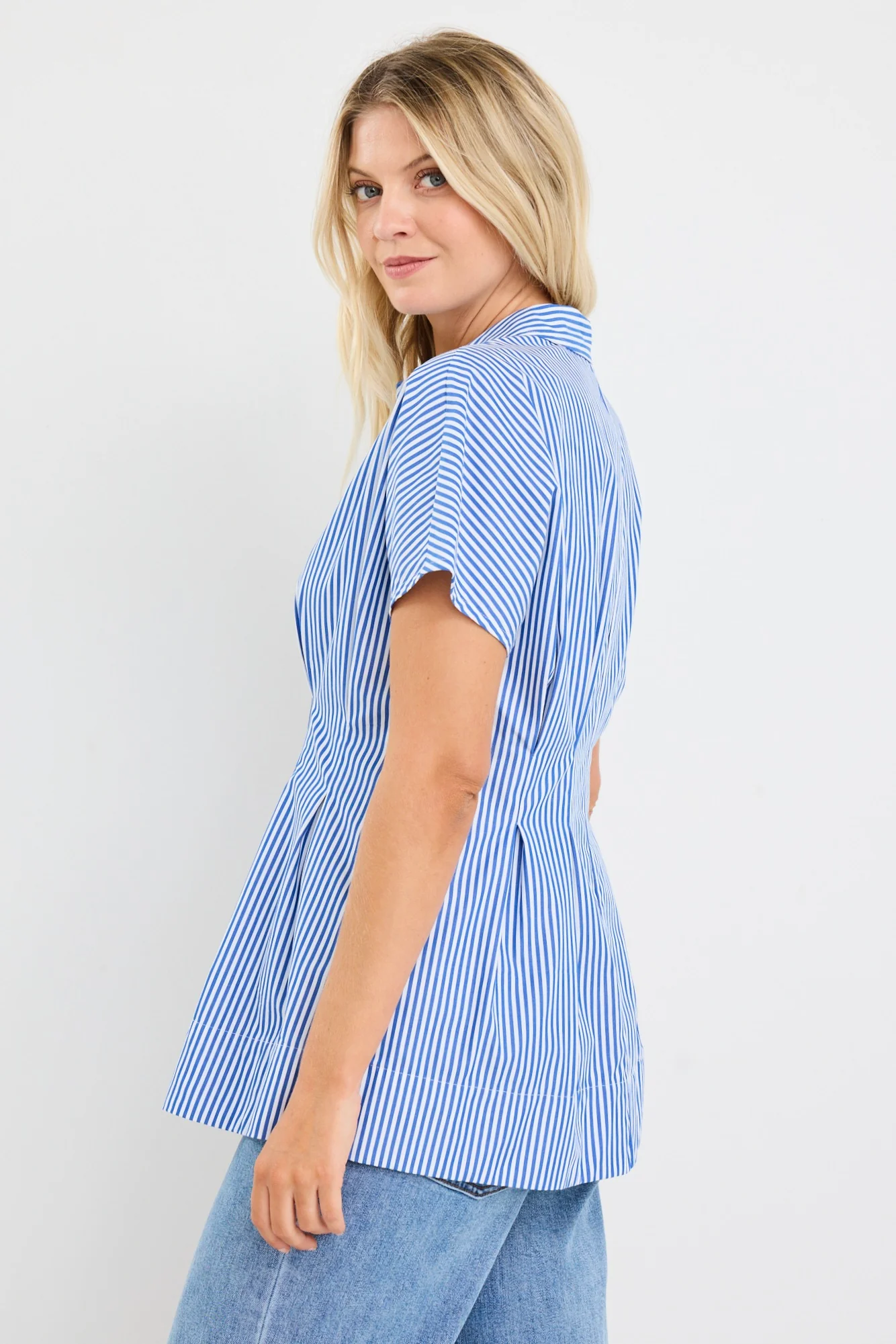 Astute Bright Blue Stripe Short Sleeve Corset Detail Top - Image 5