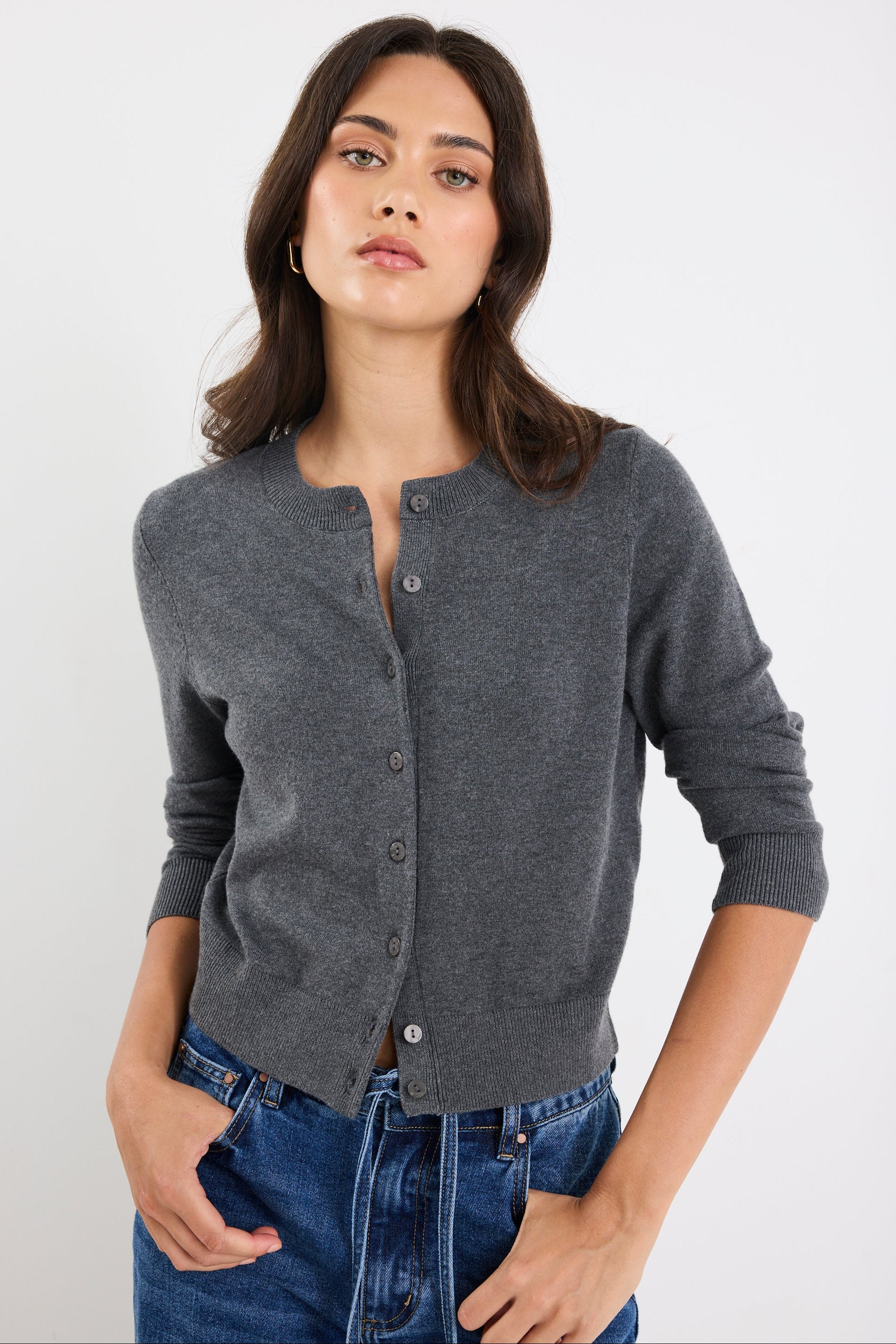 Autograph Charcoal Soft Fine Gauge Crewneck Cardigan - Image 4