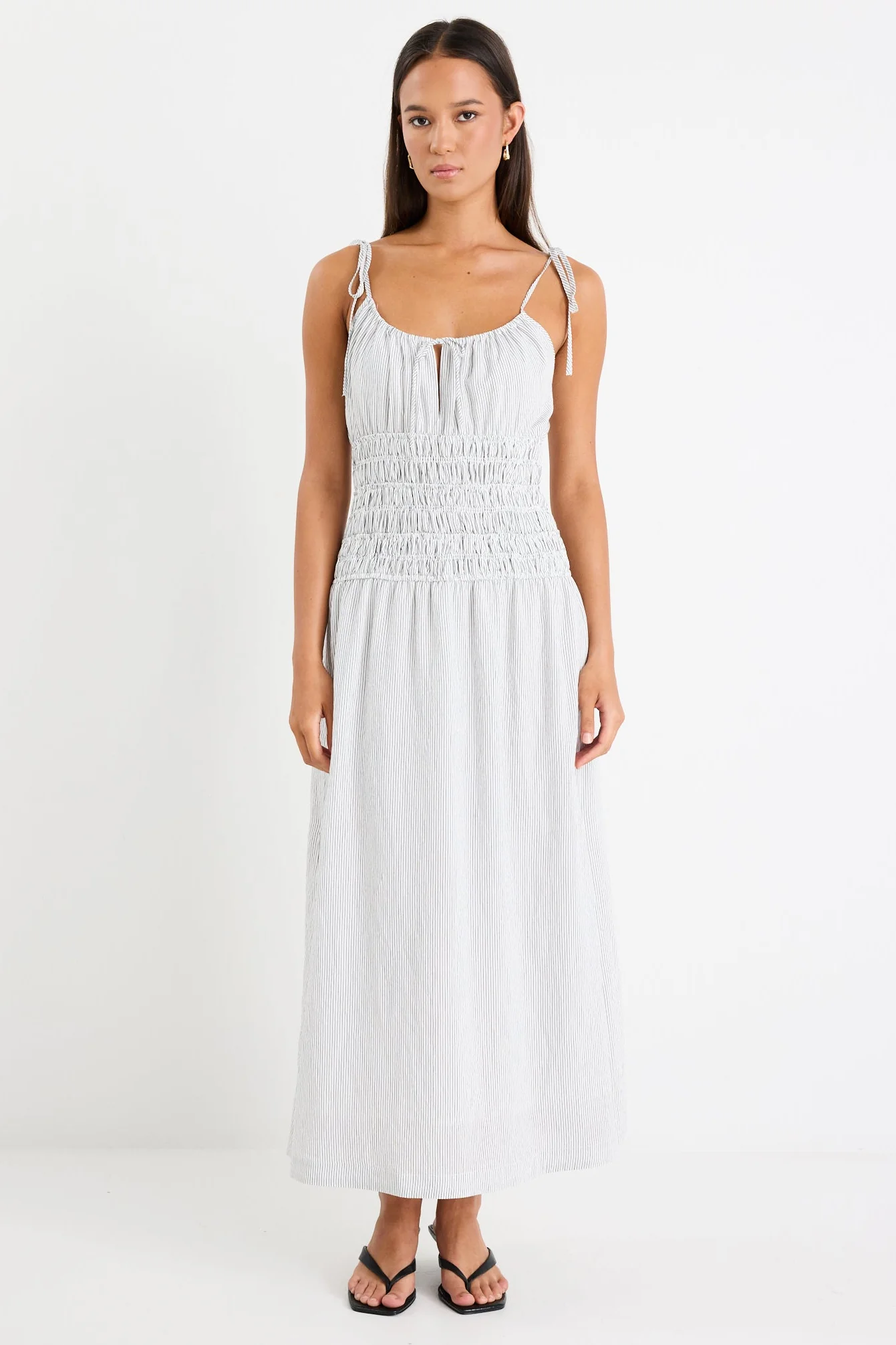 Balcony Black White Stripe Strappy Shirred Midi Dress