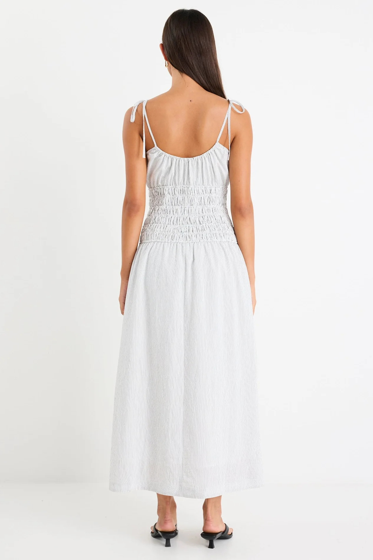 Balcony Black White Stripe Strappy Shirred Midi Dress - Image 6