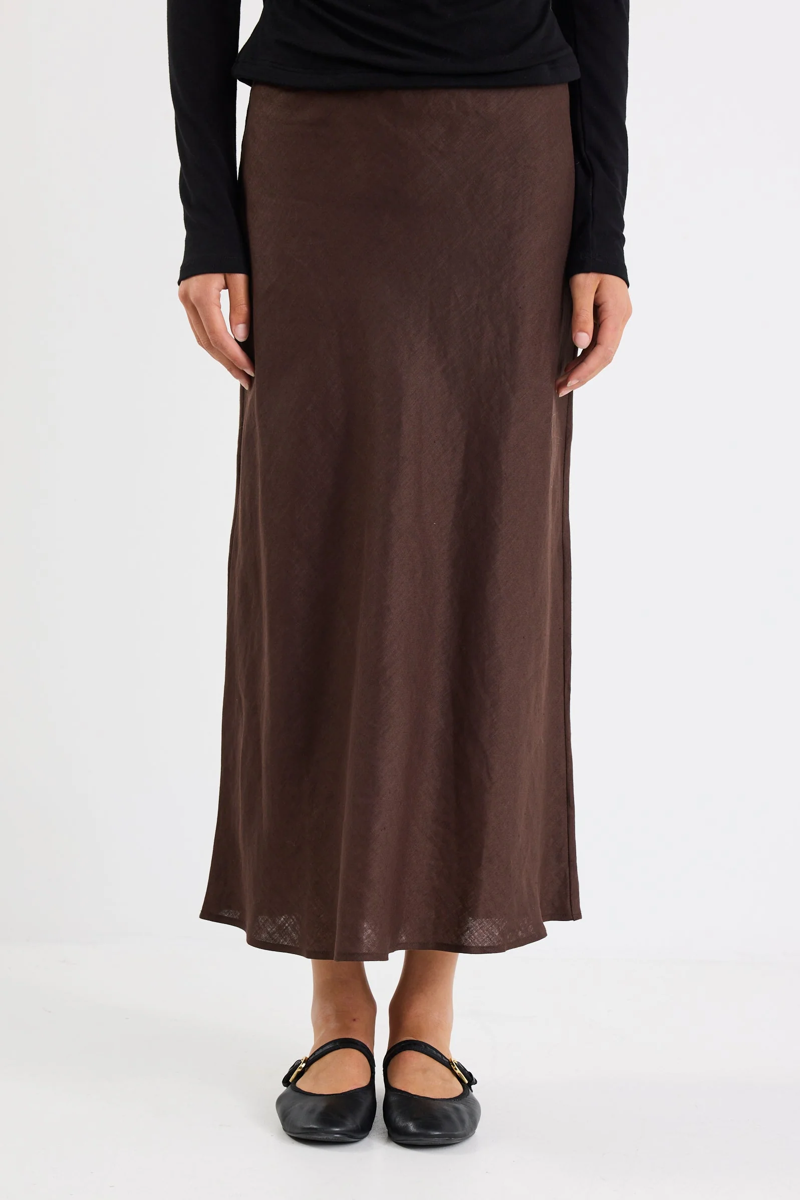 Bliss Dark Chocolate Linen Bias Midi Skirt - Image 2