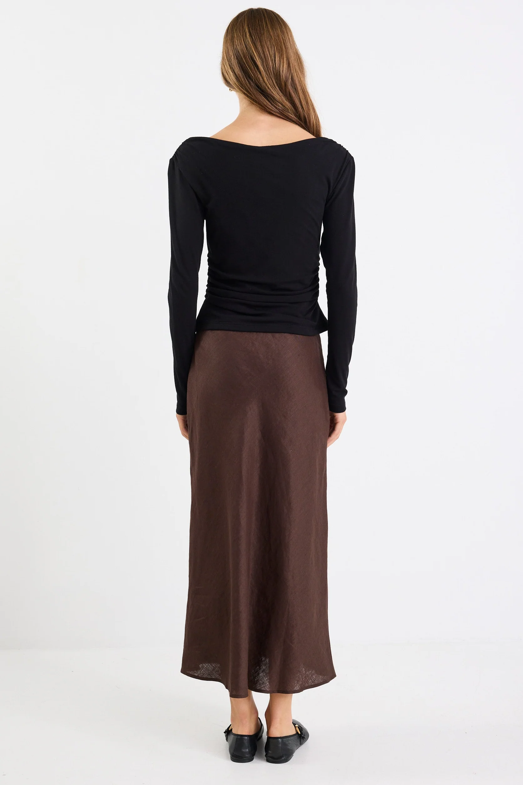 Bliss Dark Chocolate Linen Bias Midi Skirt - Image 4