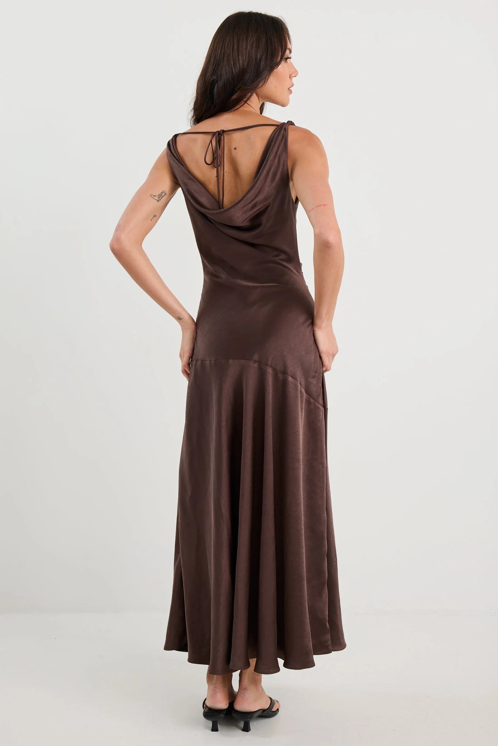 Bountiful Chocolate Satin Tie Back Bias Slip Maxi Dress - Image 6