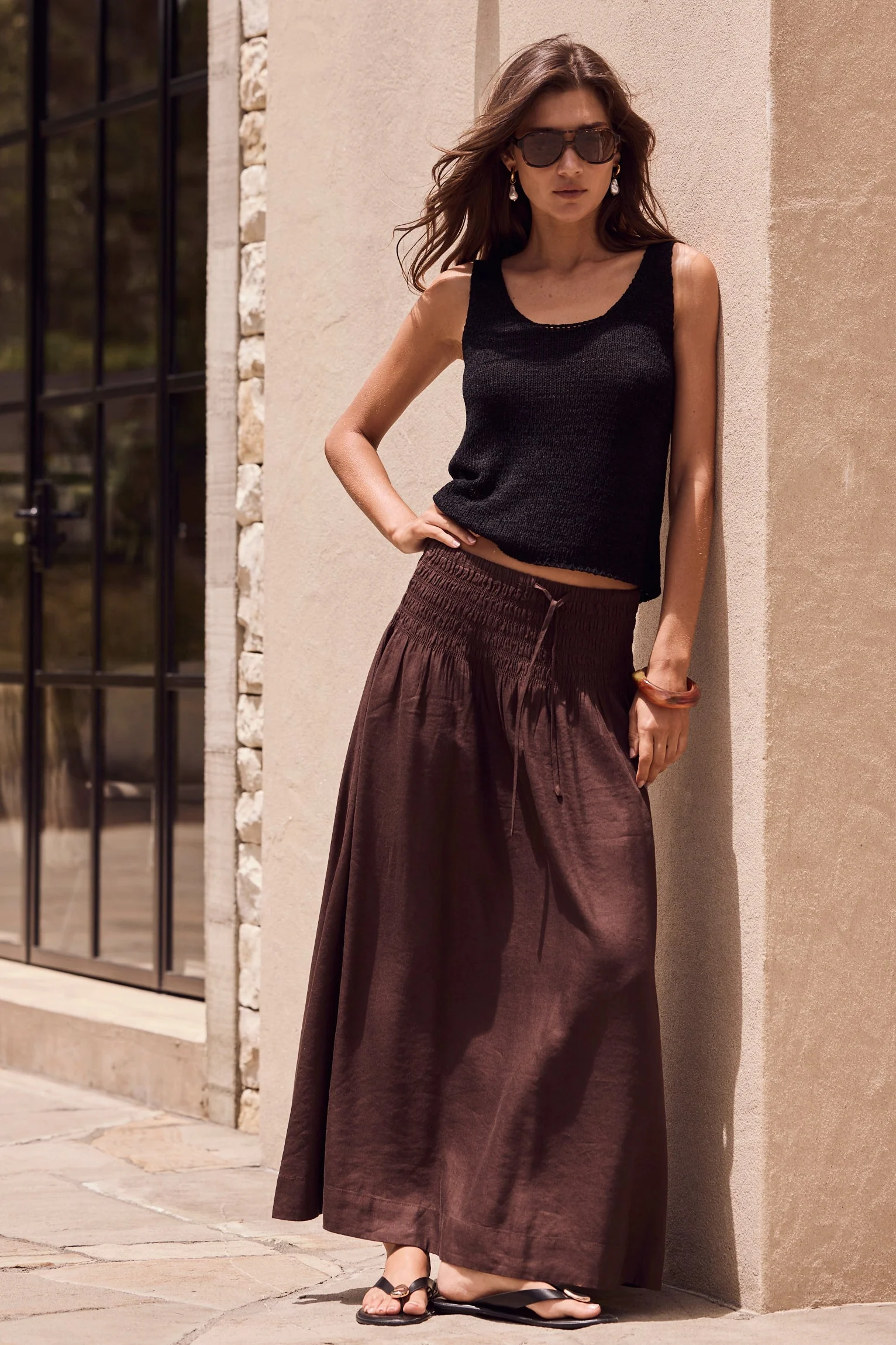 Byron Chocolate Linen Blend Shirred Waist Maxi Skirt - Image 2