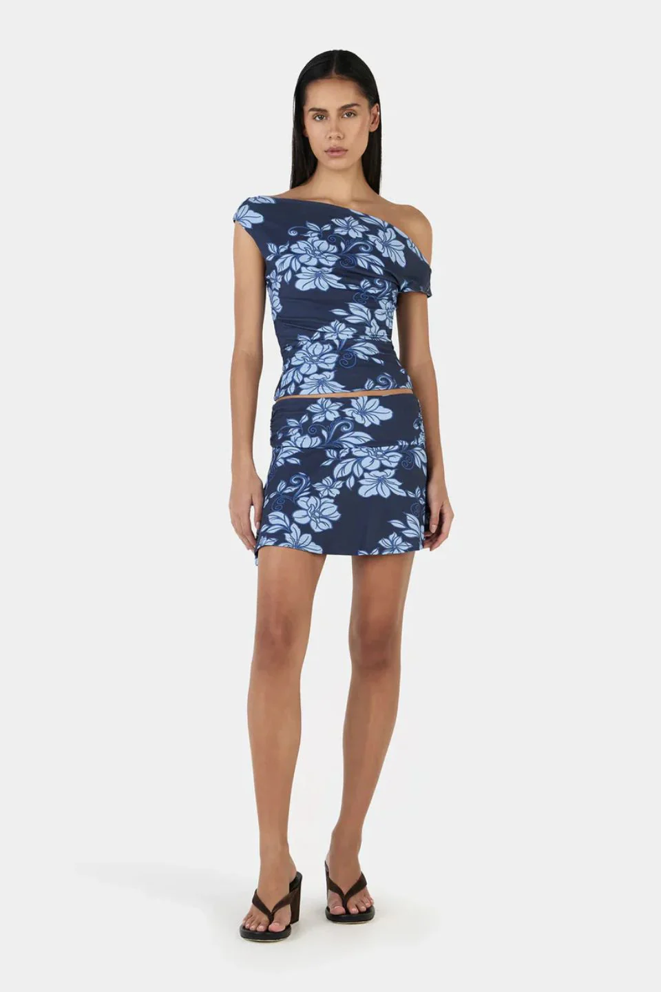 Camila Rolling Waves Blue Print Off Shoulder Top