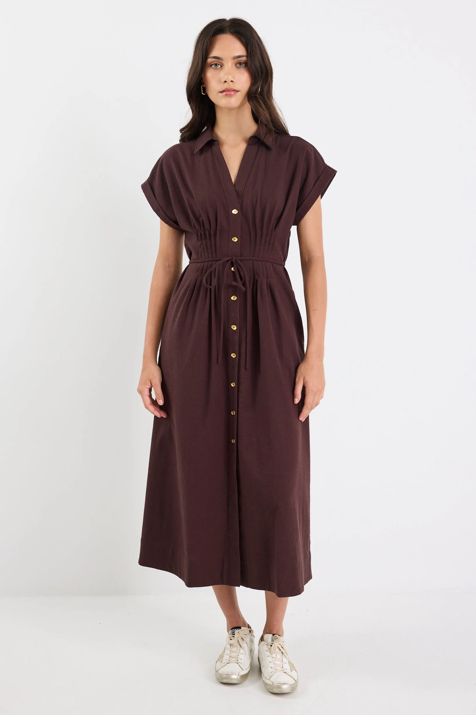 Carriage Chocolate Sleeveless Pintuck Midi Shirt Dress