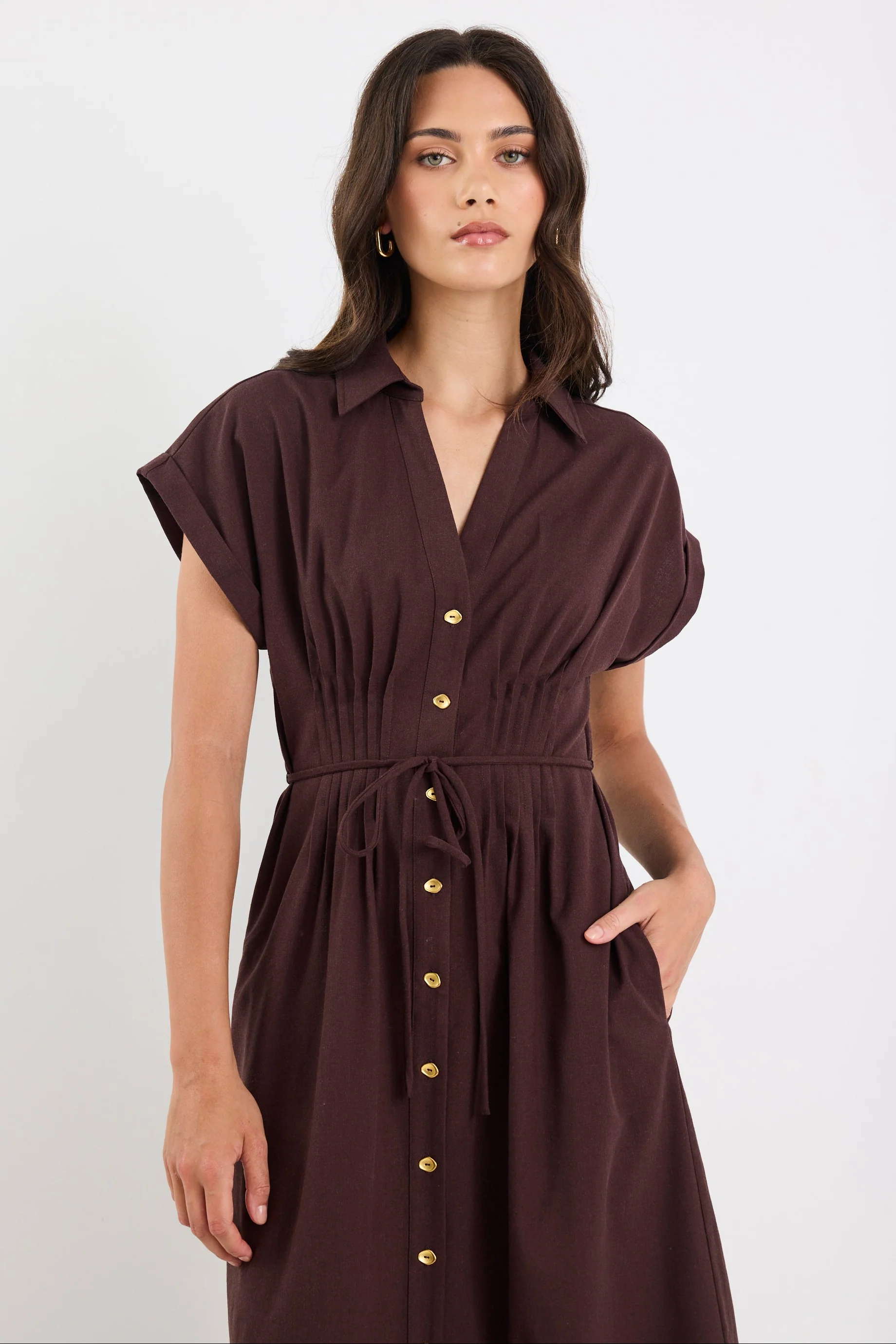 Carriage Chocolate Sleeveless Pintuck Midi Shirt Dress - Image 2