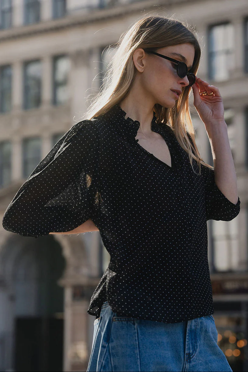 Closure Black Mini Polka Dot High Neck Buttoned SS Top - Image 2