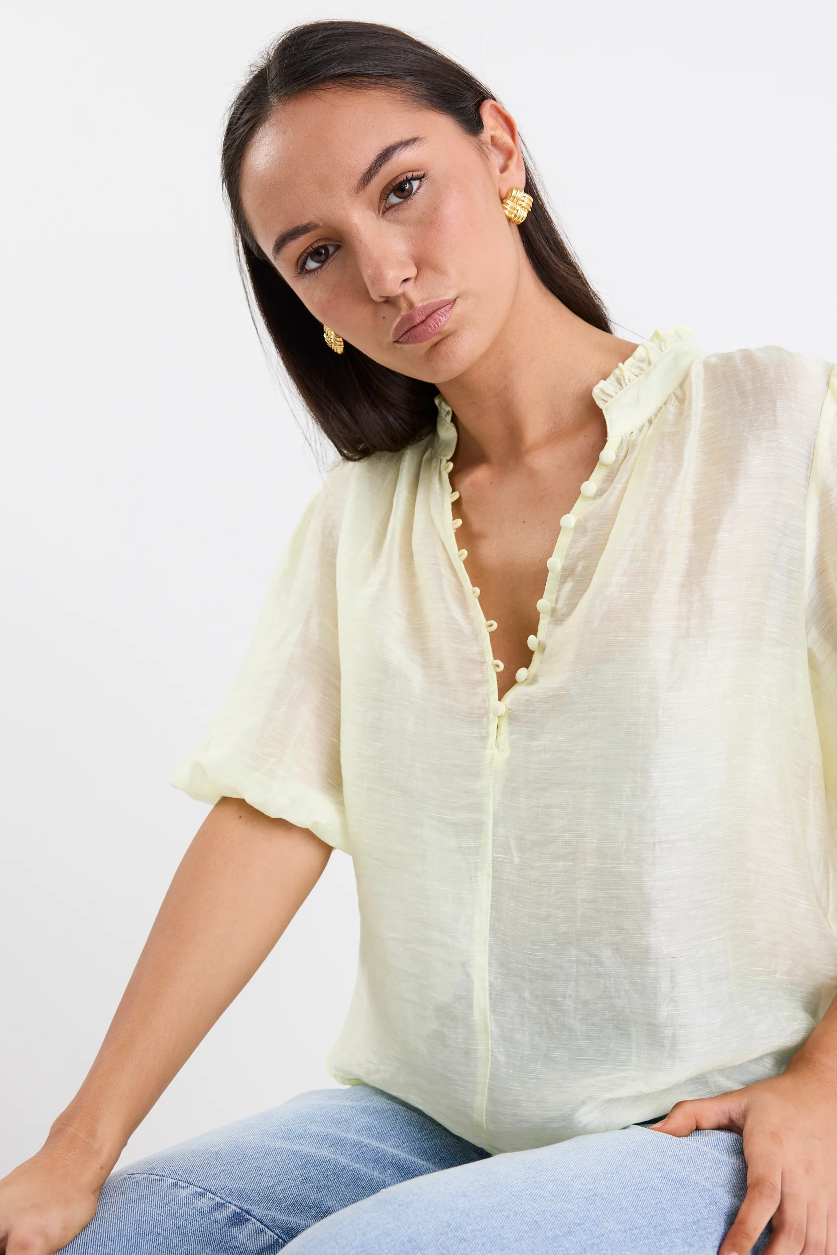 Closure Sunshine Sheer High Neck Buttoned SS Top - Image 3