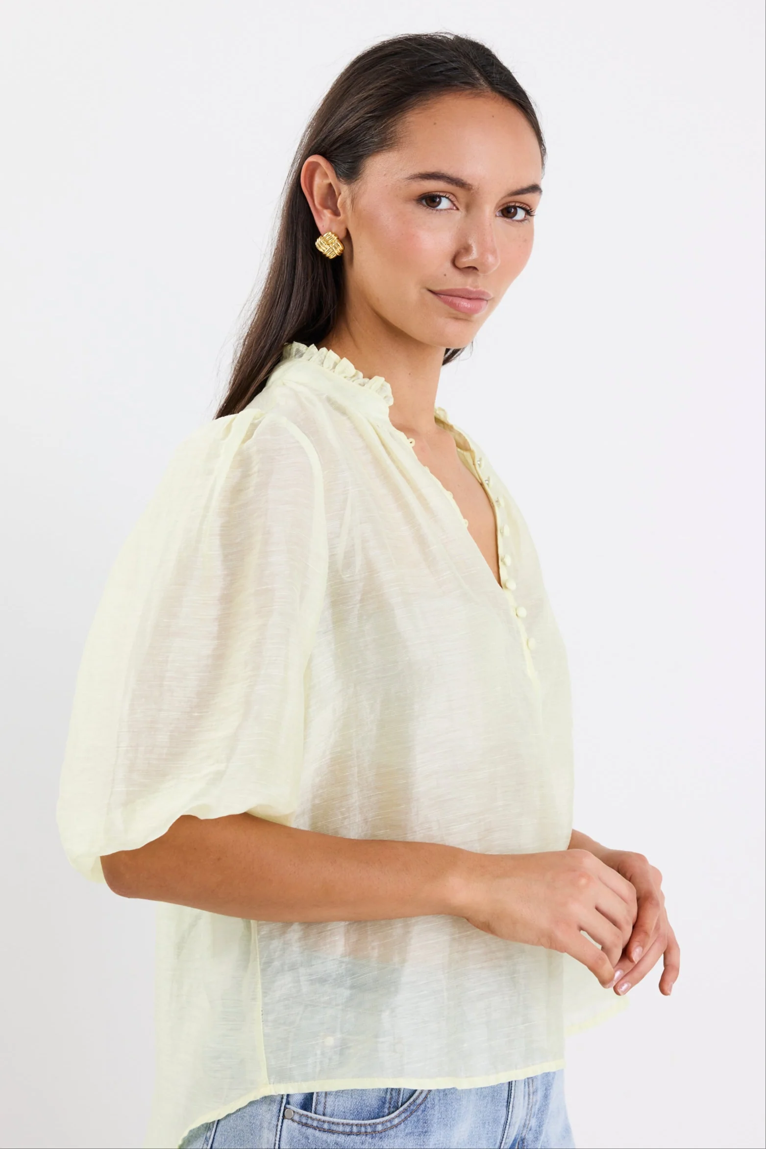Closure Sunshine Sheer High Neck Buttoned SS Top - Image 4