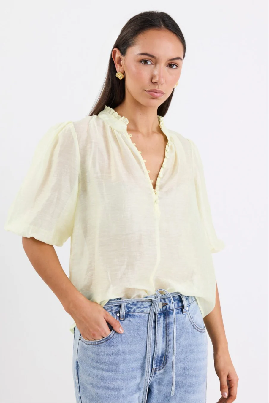 Closure Sunshine Sheer High Neck Buttoned SS Top - Image 5