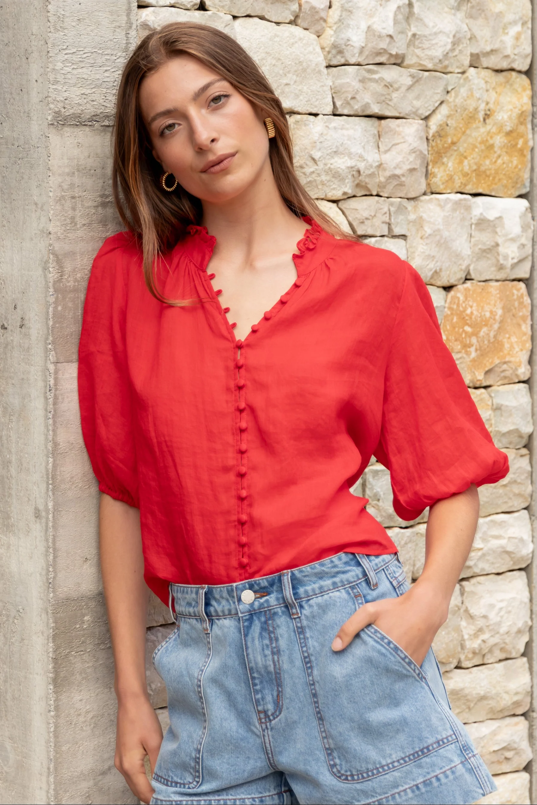 Continuance Poppy Ramie High Neck Buttoned SS Top - Image 6