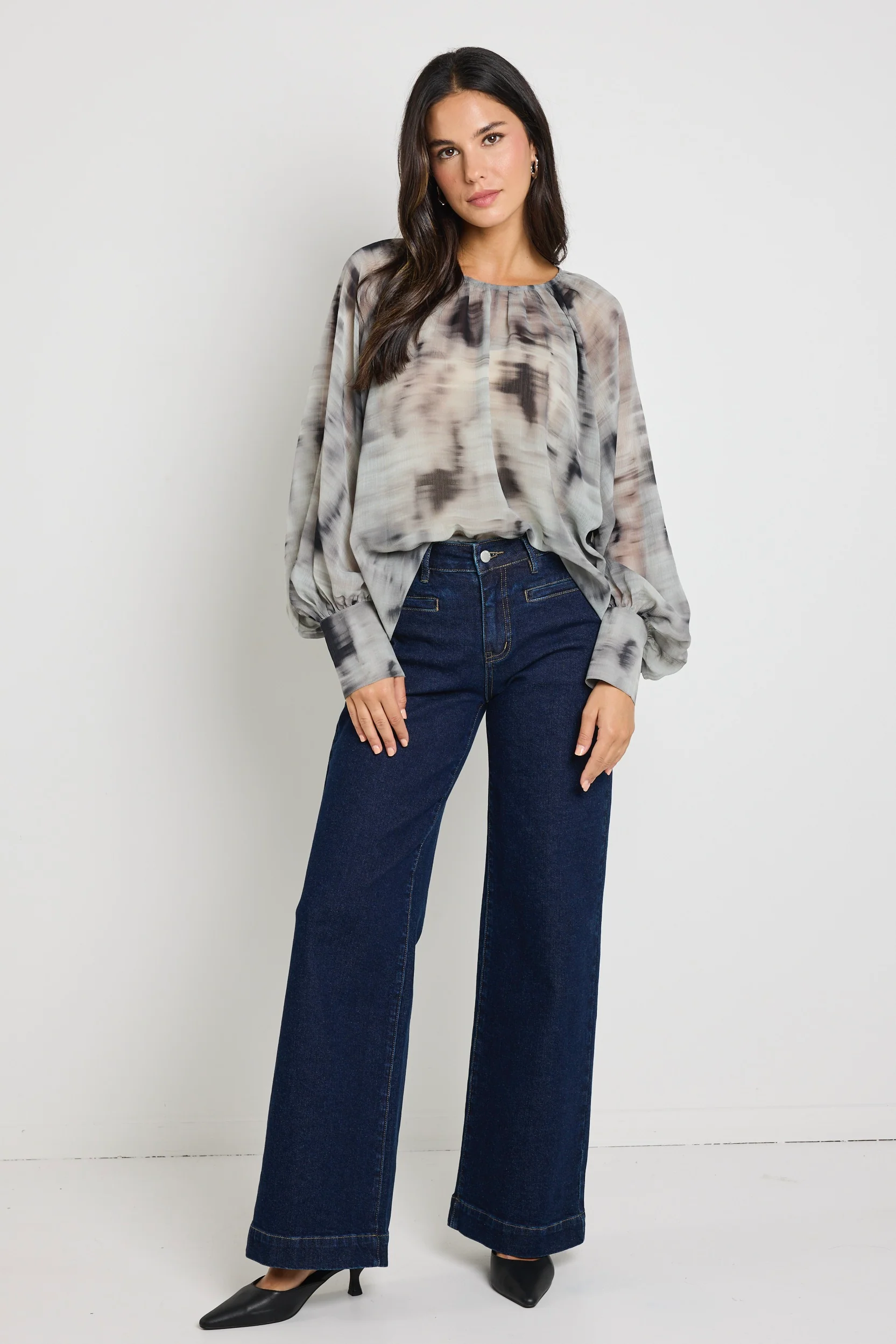 Cosmopolitan Charcoal Smudge Crew Neck Floaty LS Top - Image 2