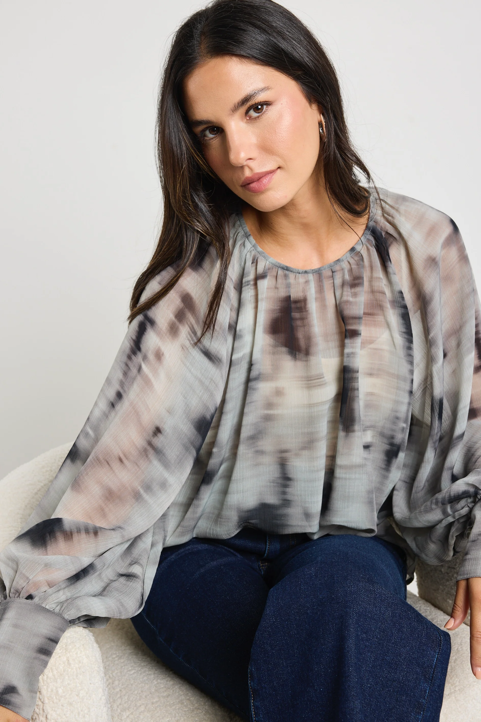Cosmopolitan Charcoal Smudge Crew Neck Floaty LS Top - Image 3