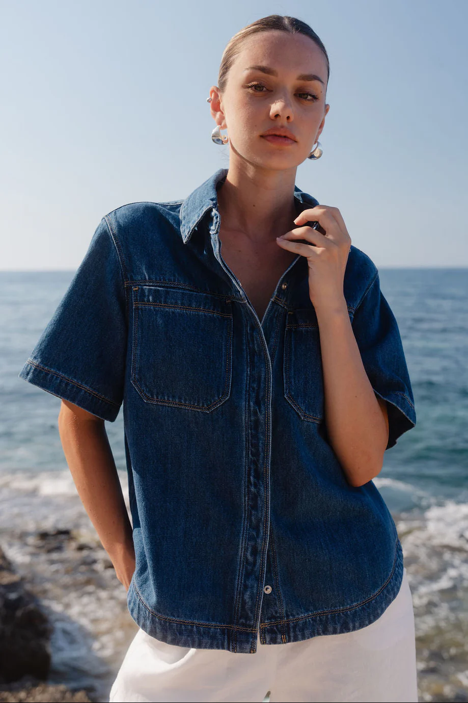 Crucial Storm Blue Denim Short Sleeve Shacket