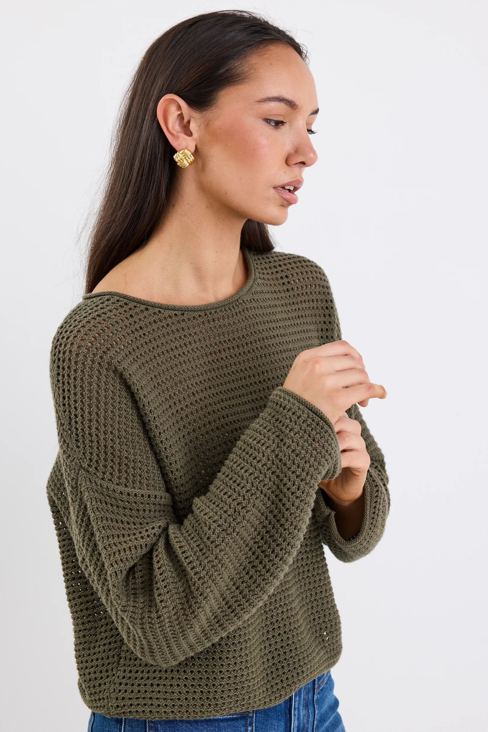 Dawn Soft Khaki Crochet Knit Jumper - Image 5