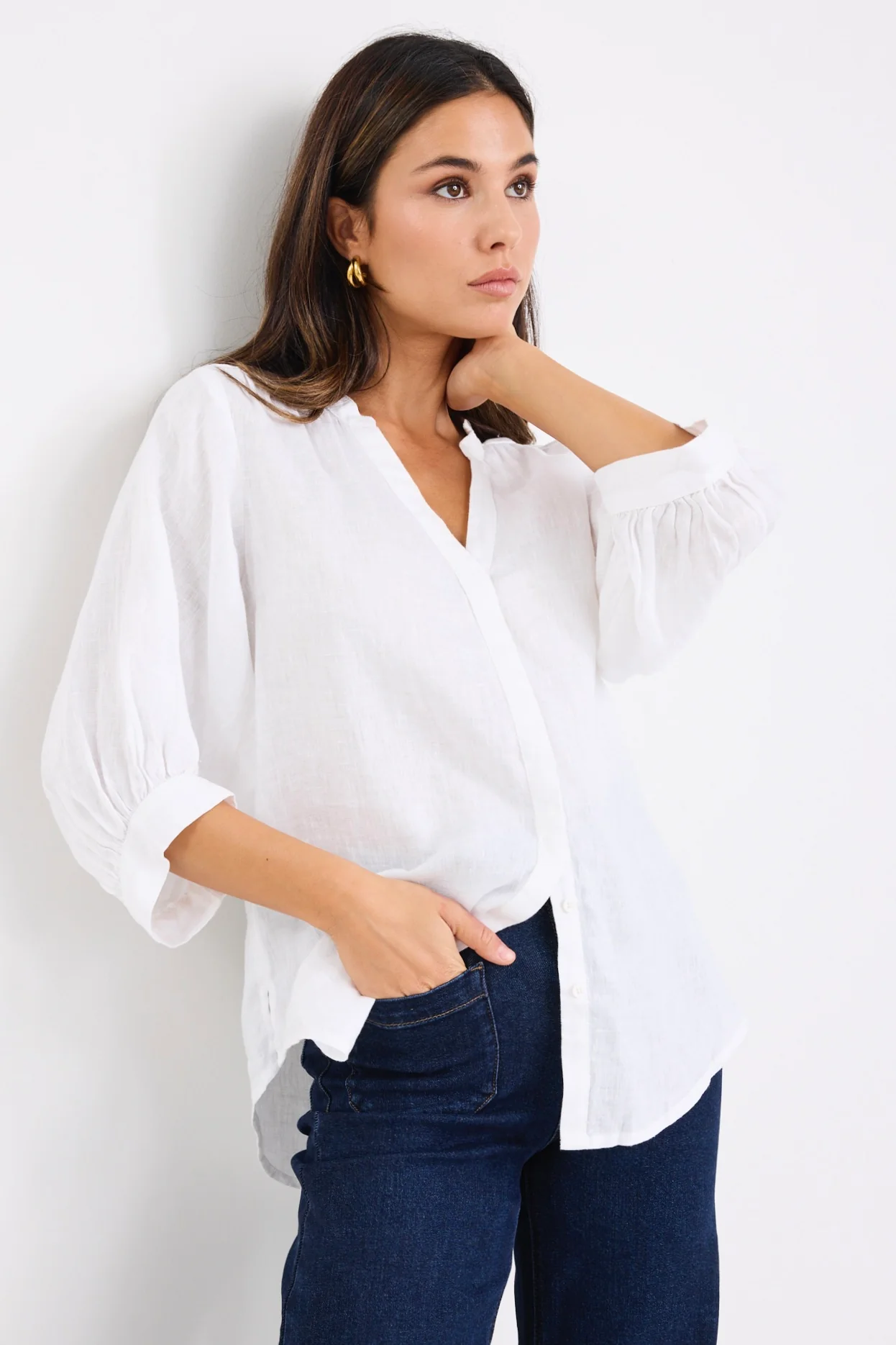 Deity White Linen Button Through Puff Sleeve Ss Blouse - Image 3