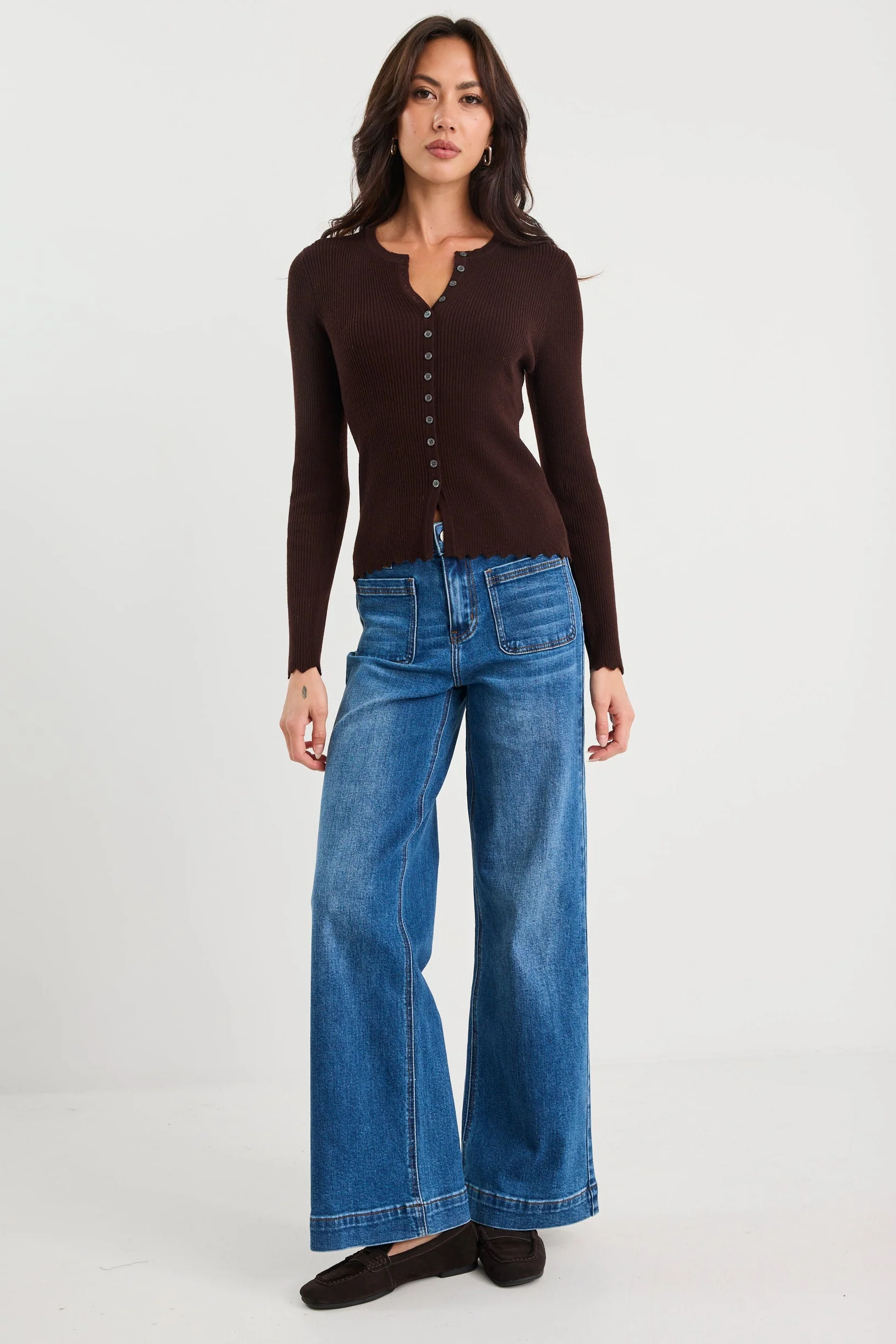 Ditto Chocolate Button Front Rib Knit Long Sleeve Top - Image 2