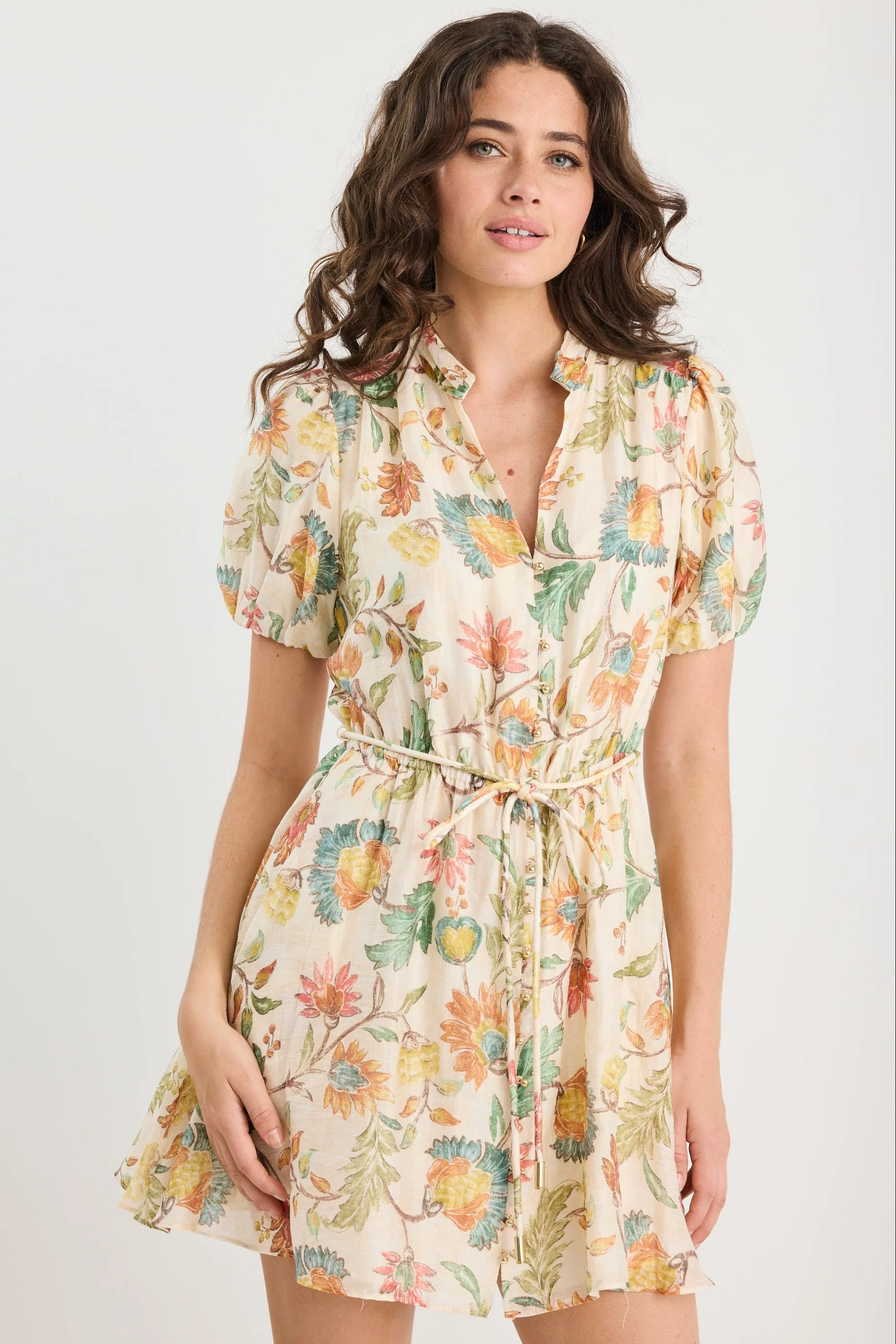 Eclipse Peach Bloom Short Puff Sleeve Button Front Mini Dress