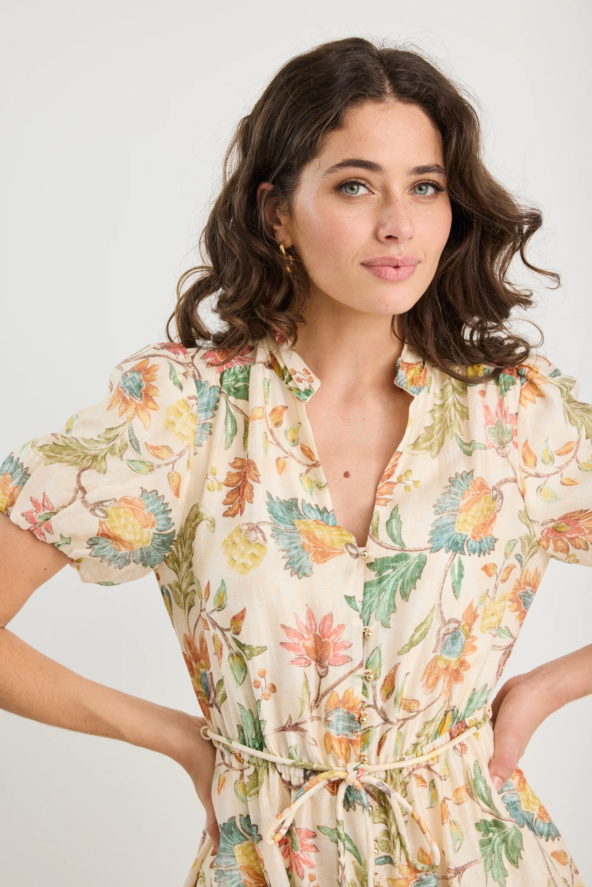 Eclipse Peach Bloom Short Puff Sleeve Button Front Mini Dress - Image 4
