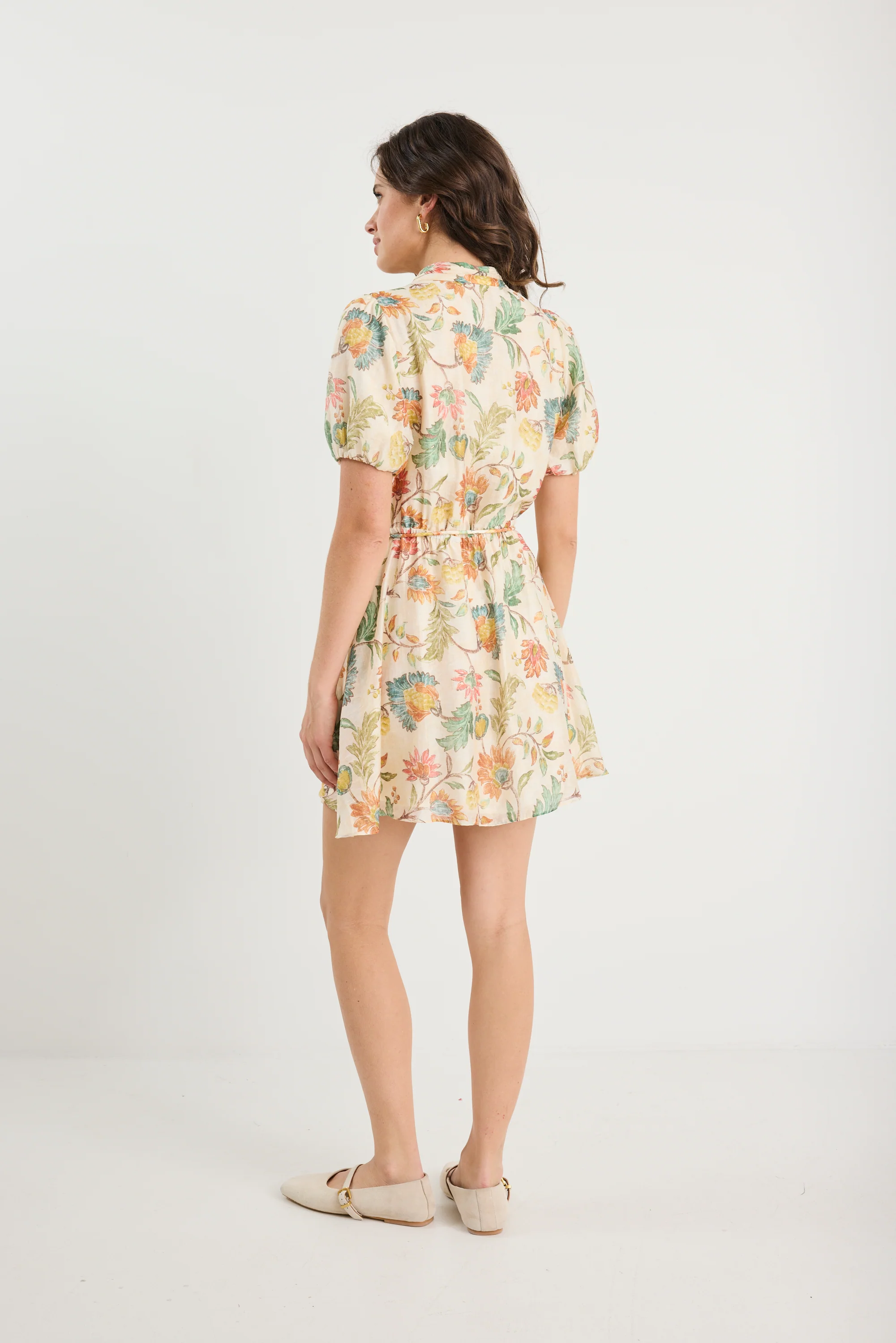 Eclipse Peach Bloom Short Puff Sleeve Button Front Mini Dress - Image 5