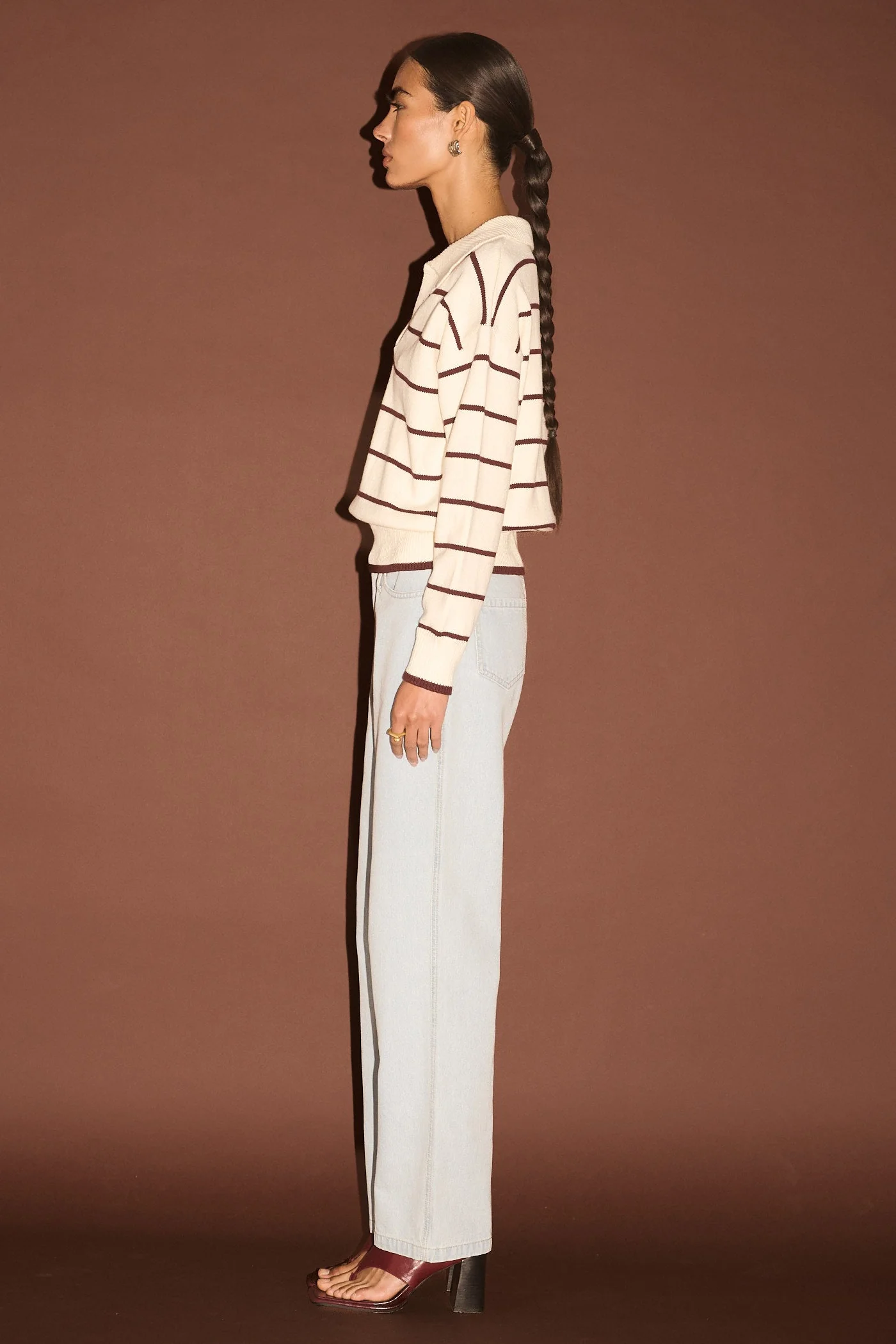 Elara Cream Chocolate Stripe Polo Knit Jumper - Image 3