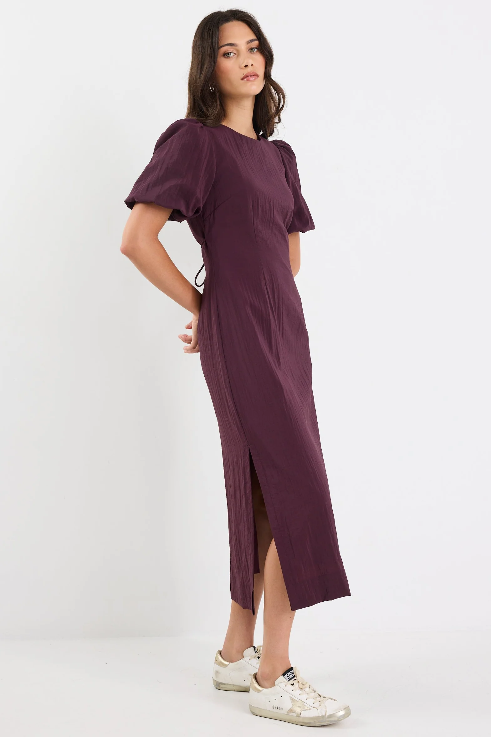 Elder Plum Short Puff Sleeve Tie Midi Dress - Image 3