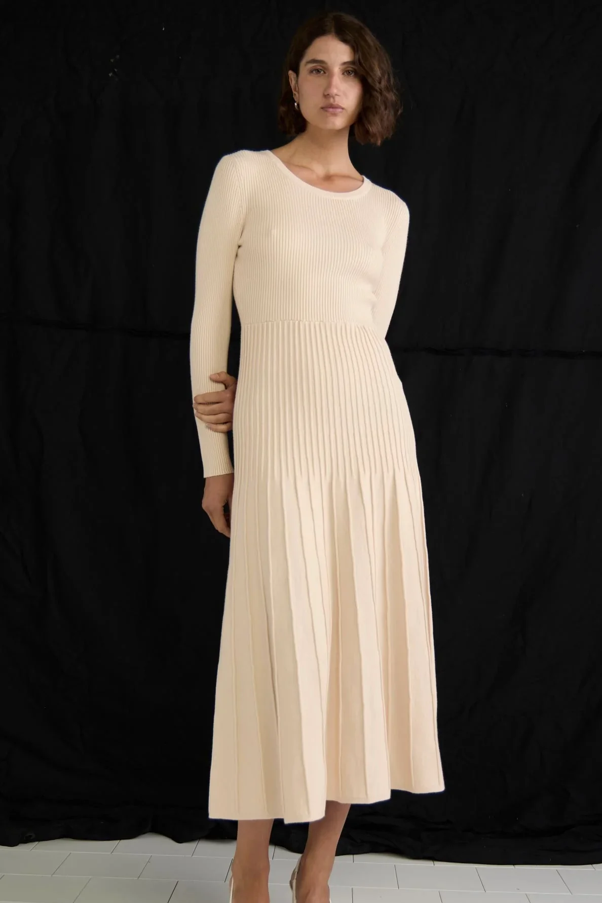 Elena Vanilla Rib Knit LS Midi Dress - Image 4