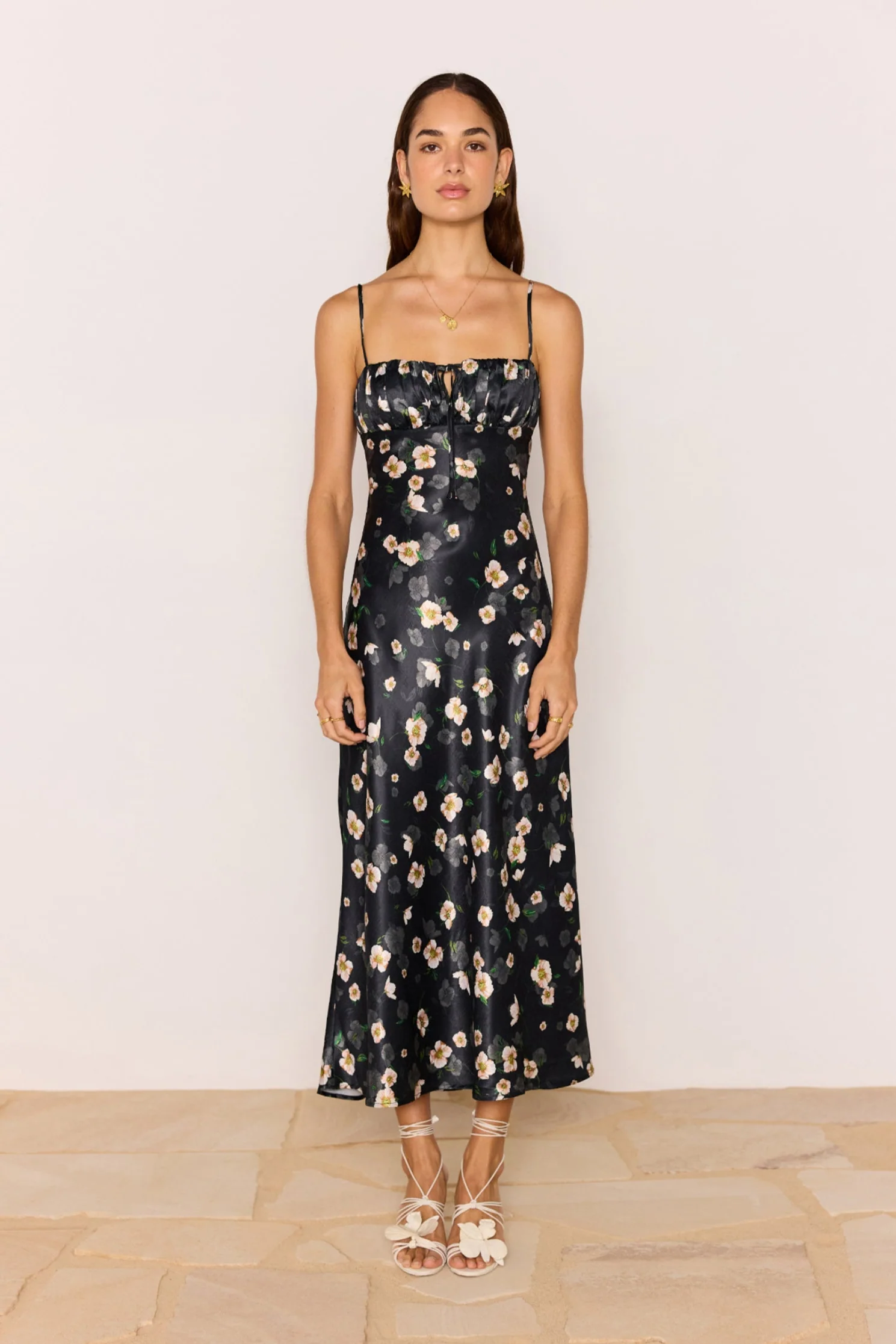 Elinor Black Floral Satin Bias Strappy Midi Dress