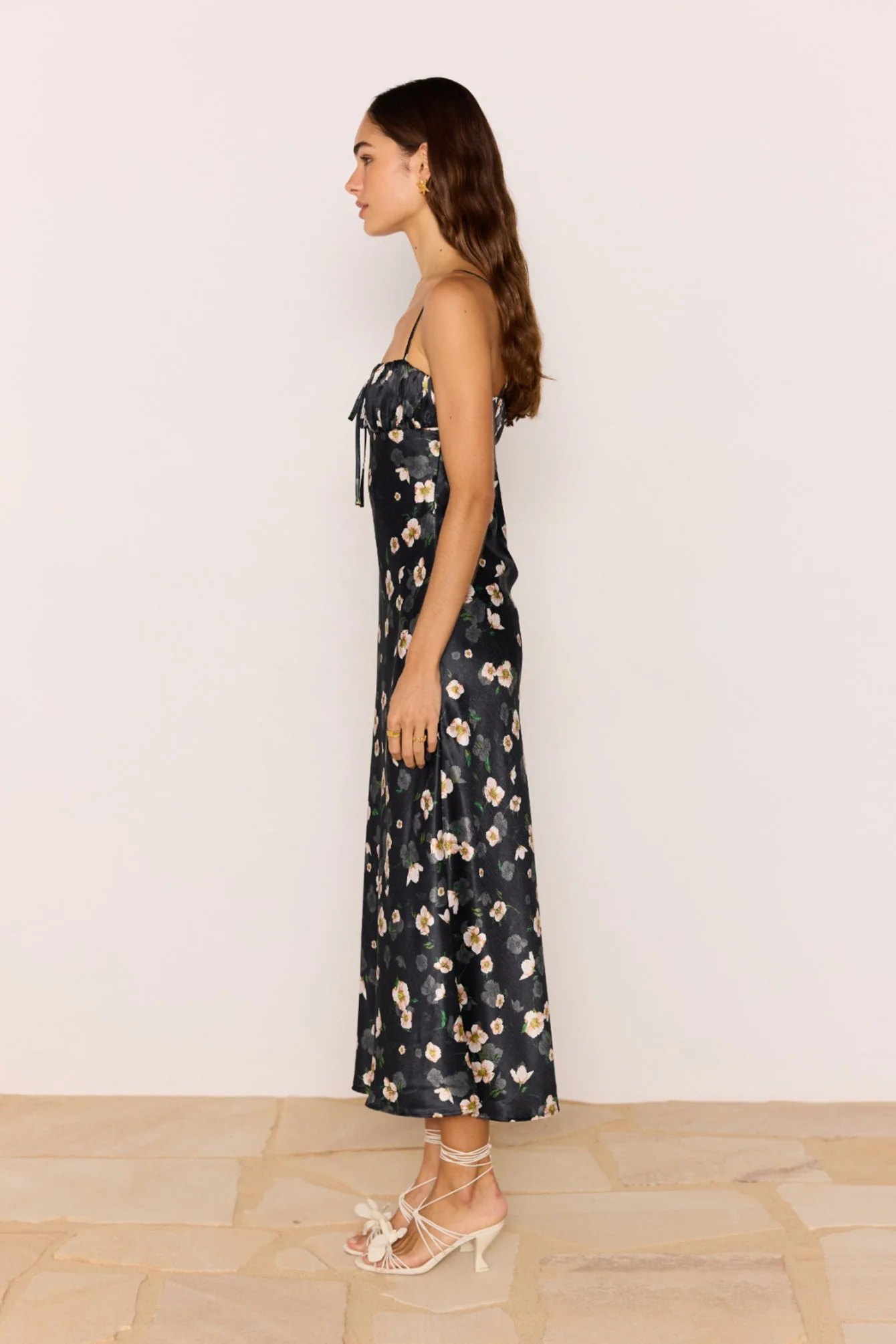 Elinor Black Floral Satin Bias Strappy Midi Dress - Image 3