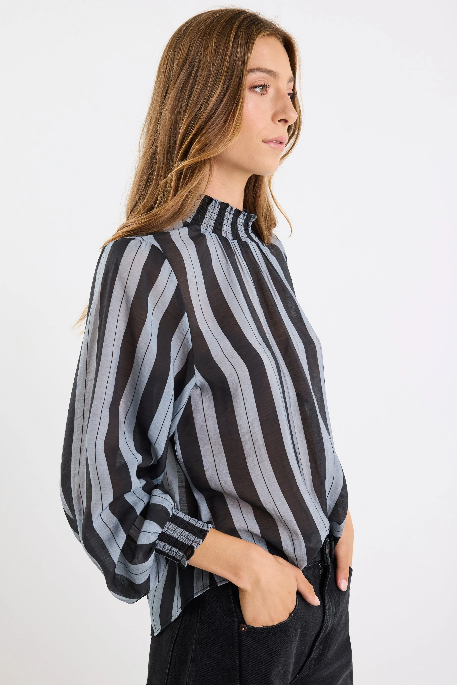 Embrace Grey Stripe Shirred Neck LS Top - Image 2