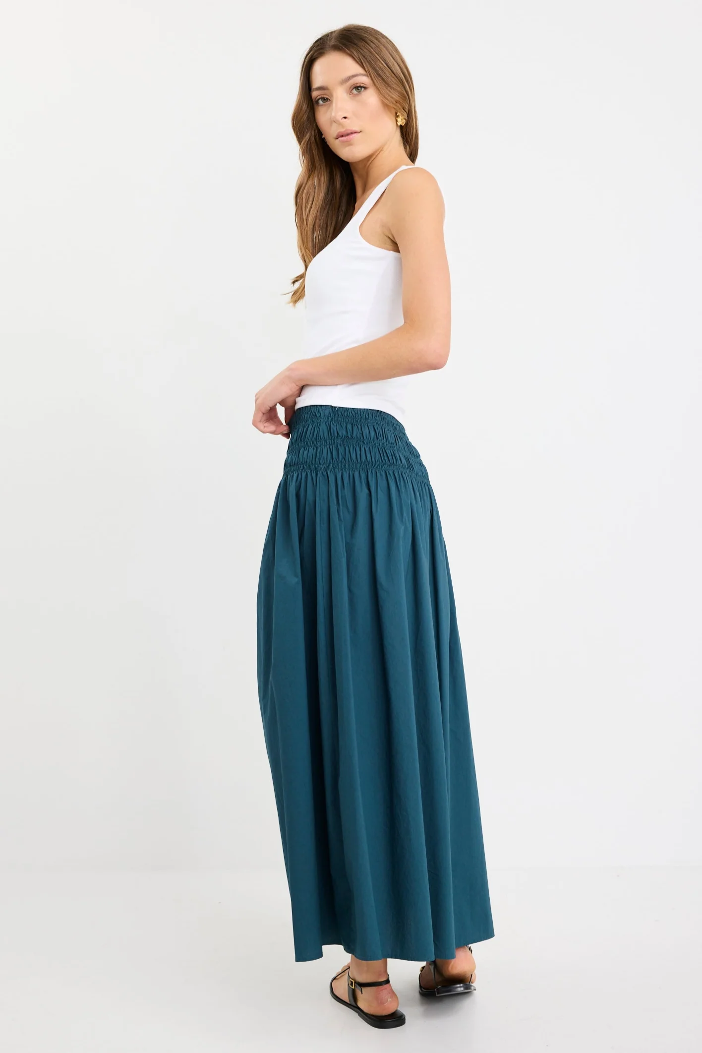 Entourage Petrol Cotton Shirred Waist Maxi Skirt - Image 5