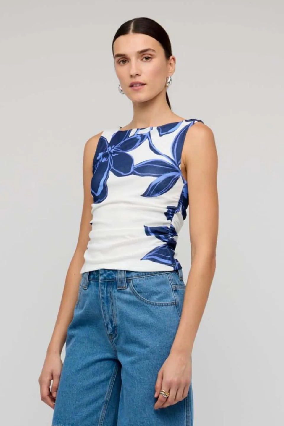 Ethos Blue White Floral Mesh Sleeveless Top - Image 3