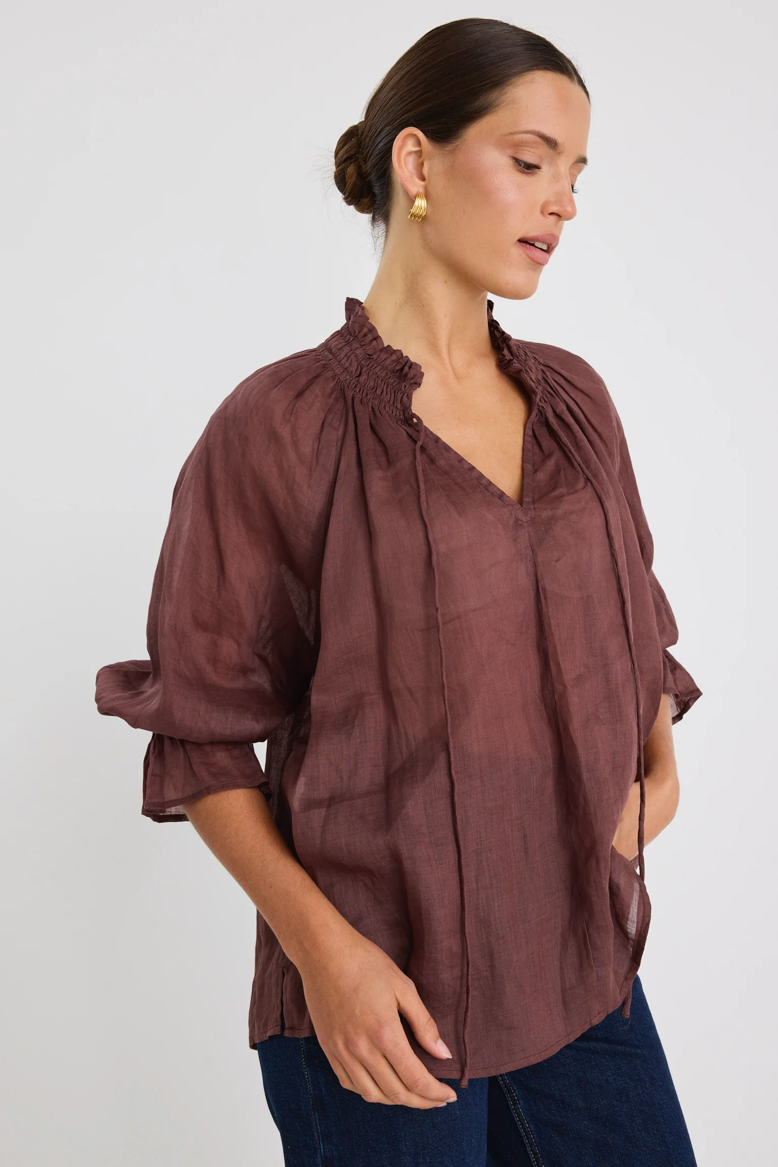 Expedition Chocolate Ramie Shirred Neck Short Sleeve Top - Image 4