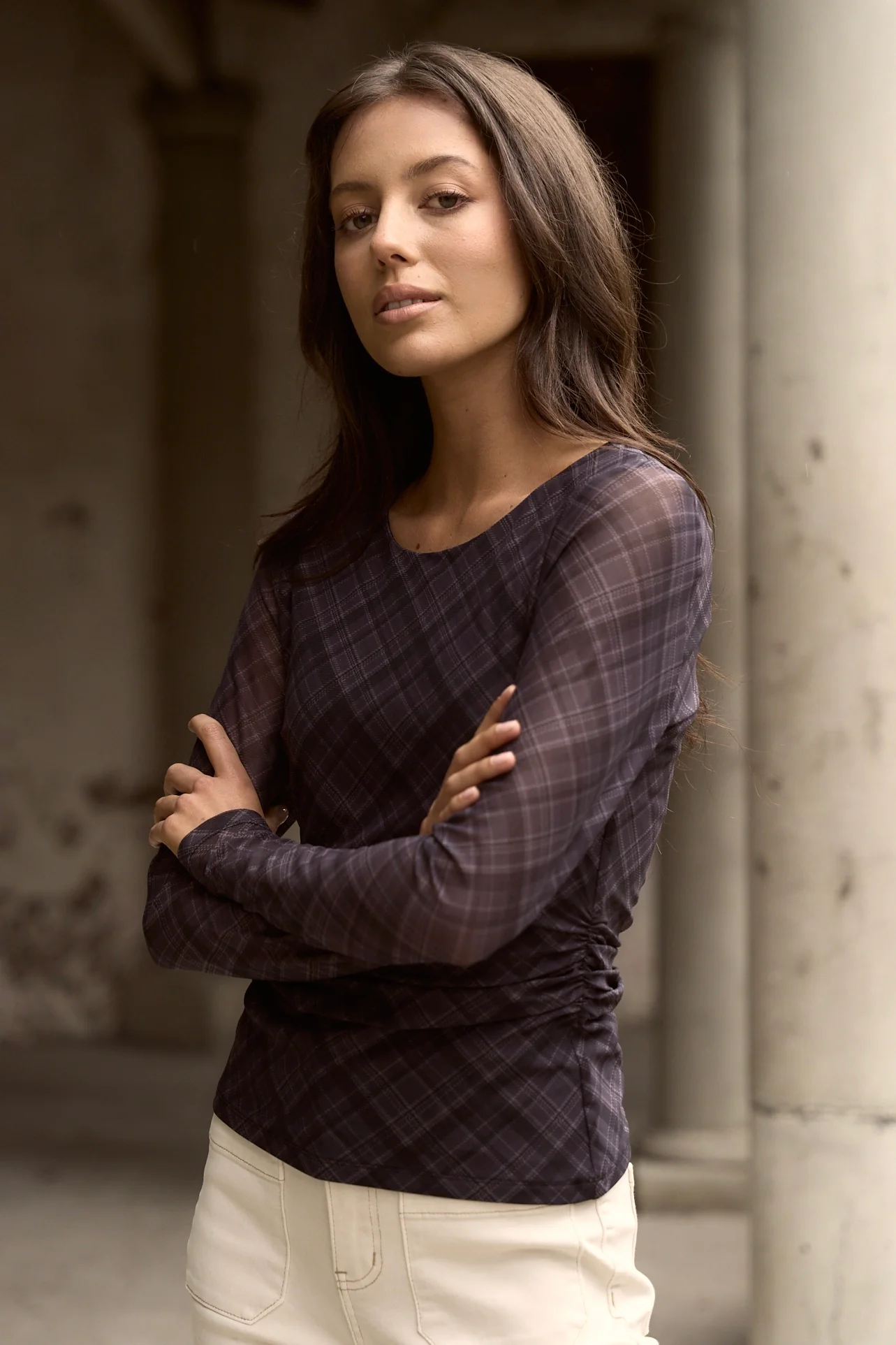 Explore Charcoal Check LS Wide Neck Top
