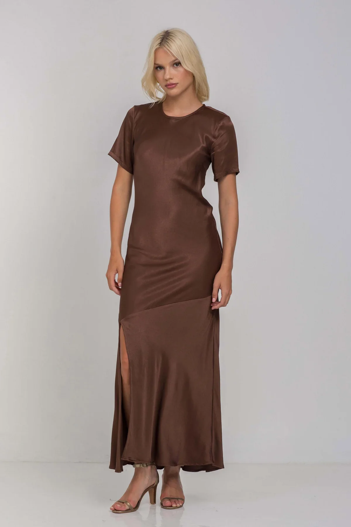 Falling In Love Chocolate SS Satin Maxi Dress - Image 3
