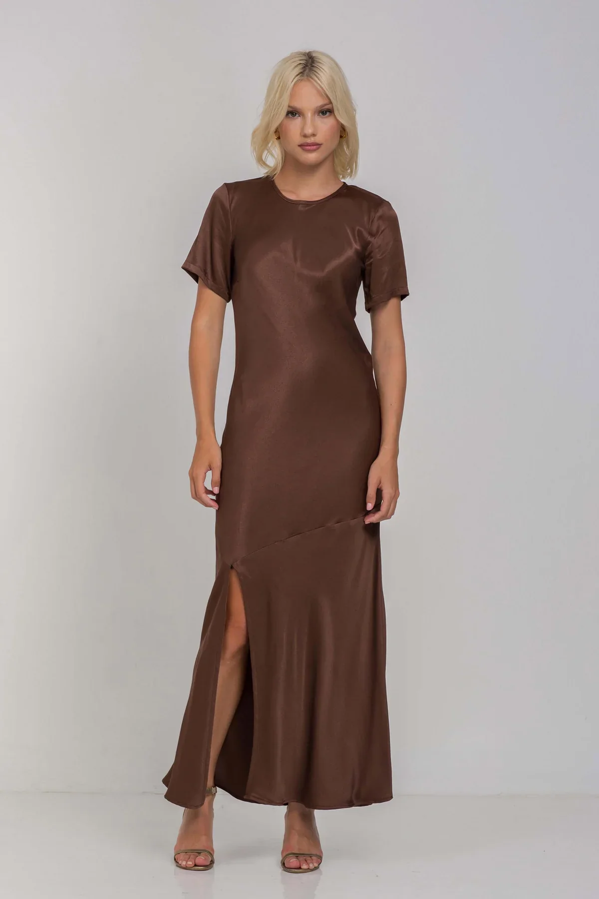 Falling In Love Chocolate SS Satin Maxi Dress - Image 4