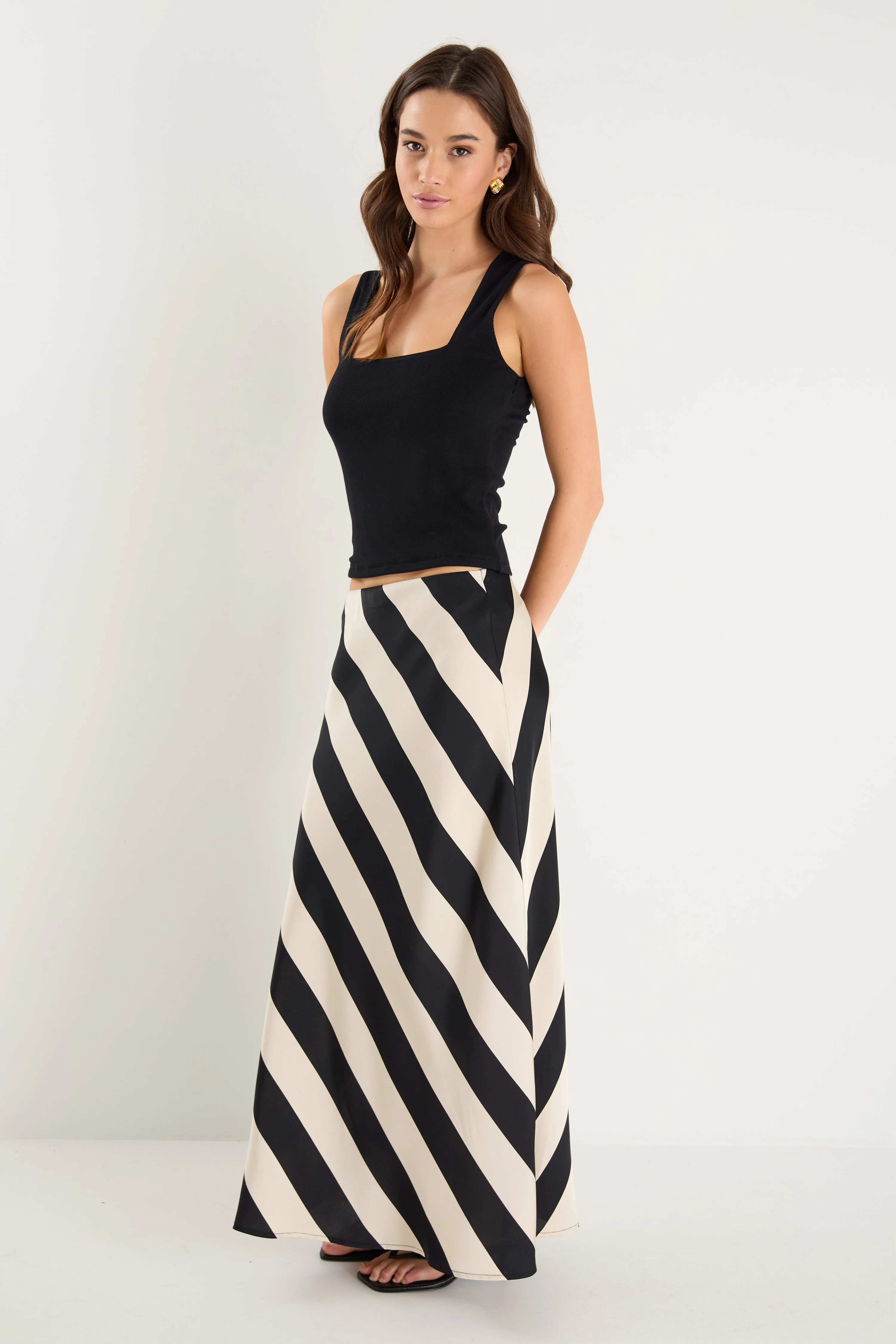 Fiery Black Sand Stripe Satin Bias Maxi Skirt - Image 3