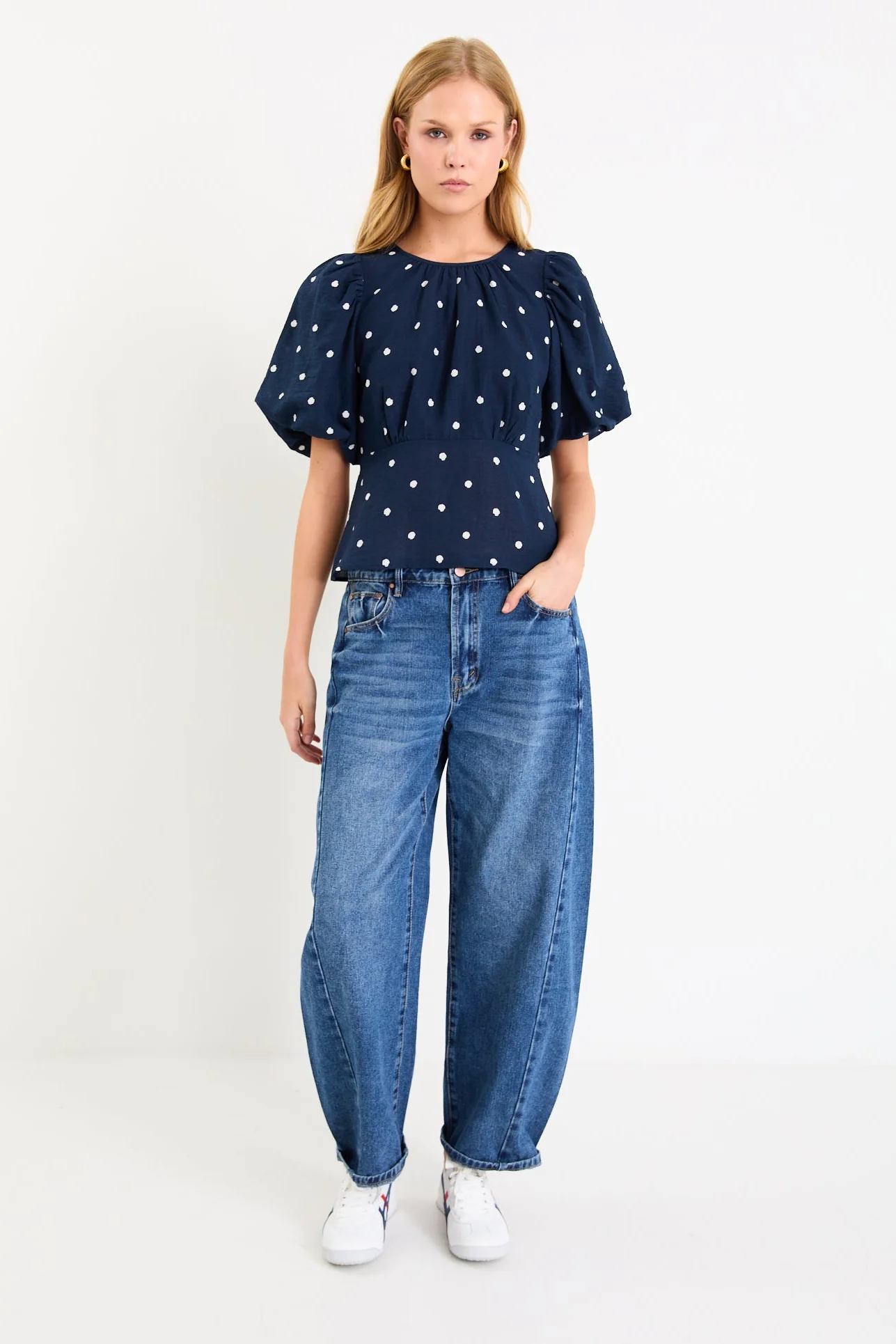 Finali Navy Polka Dot Bubble Sleeve Top - Image 3
