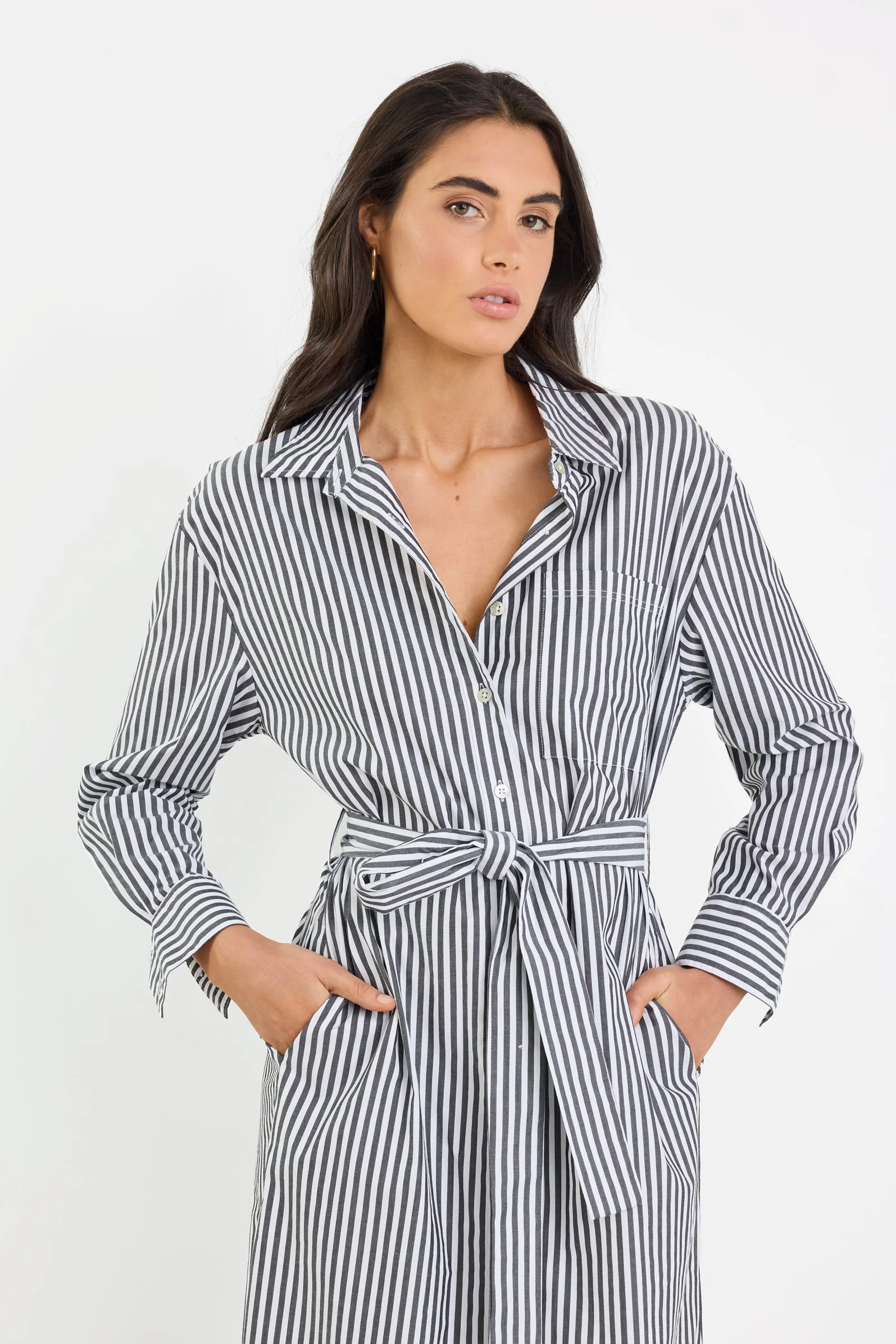 Forward Black Stripe Cotton Midi Shirt Dress - Image 4