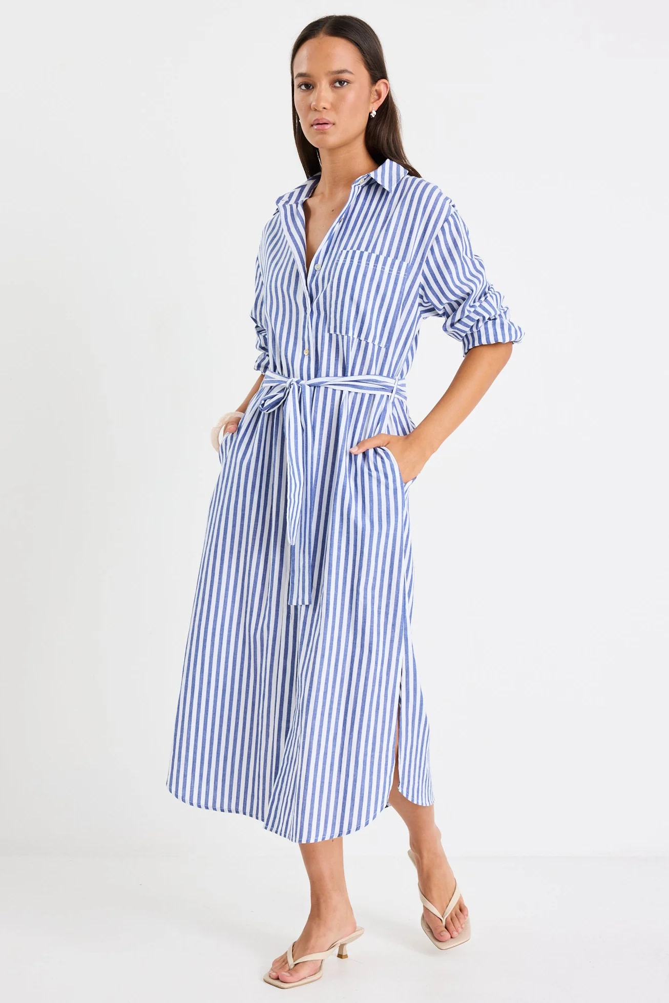 Forward Blue Stripe Cotton Midi Shirt Dress - Image 2