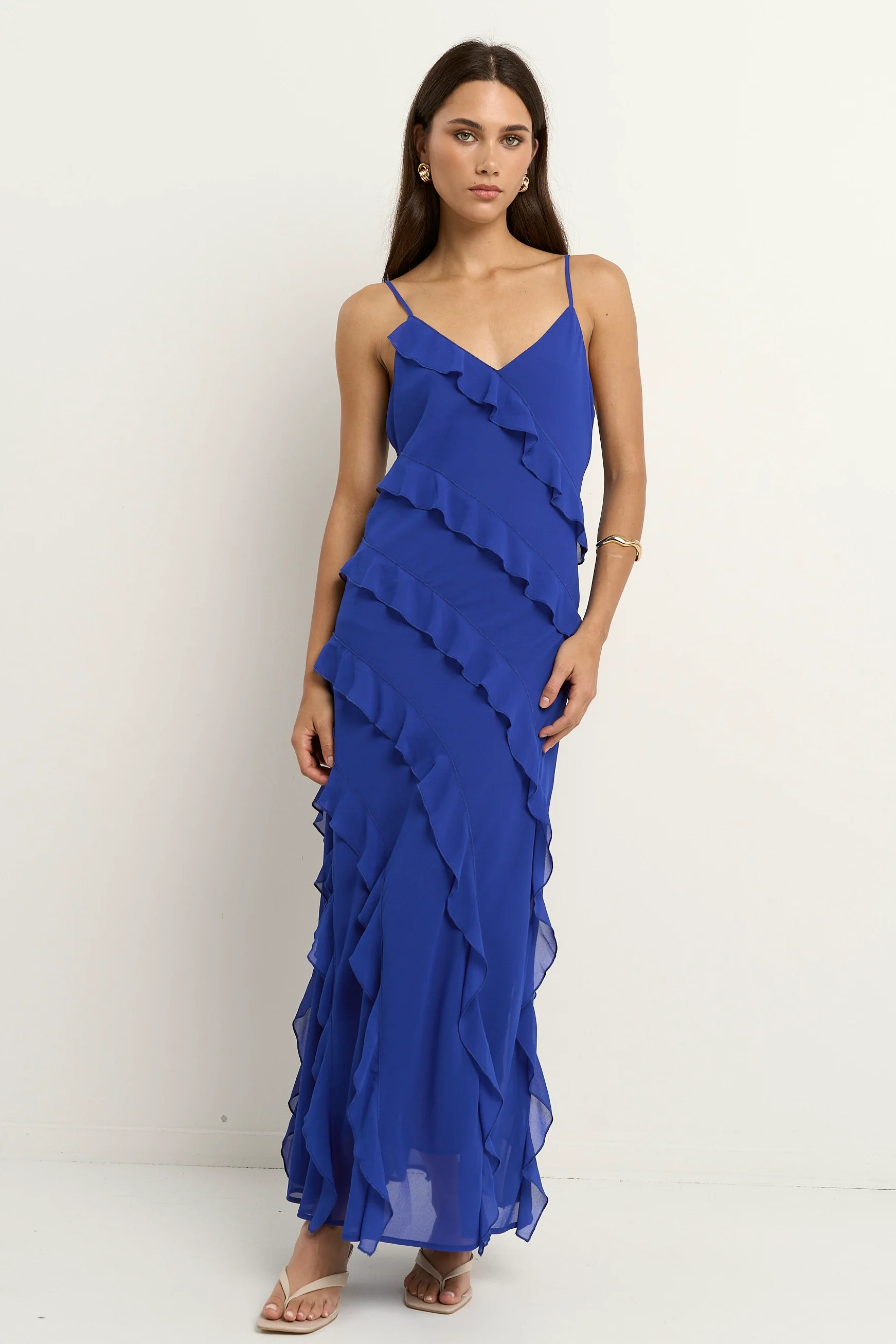 Galore Electric Blue Bias Ruffle Slip Maxi Dress - Image 3